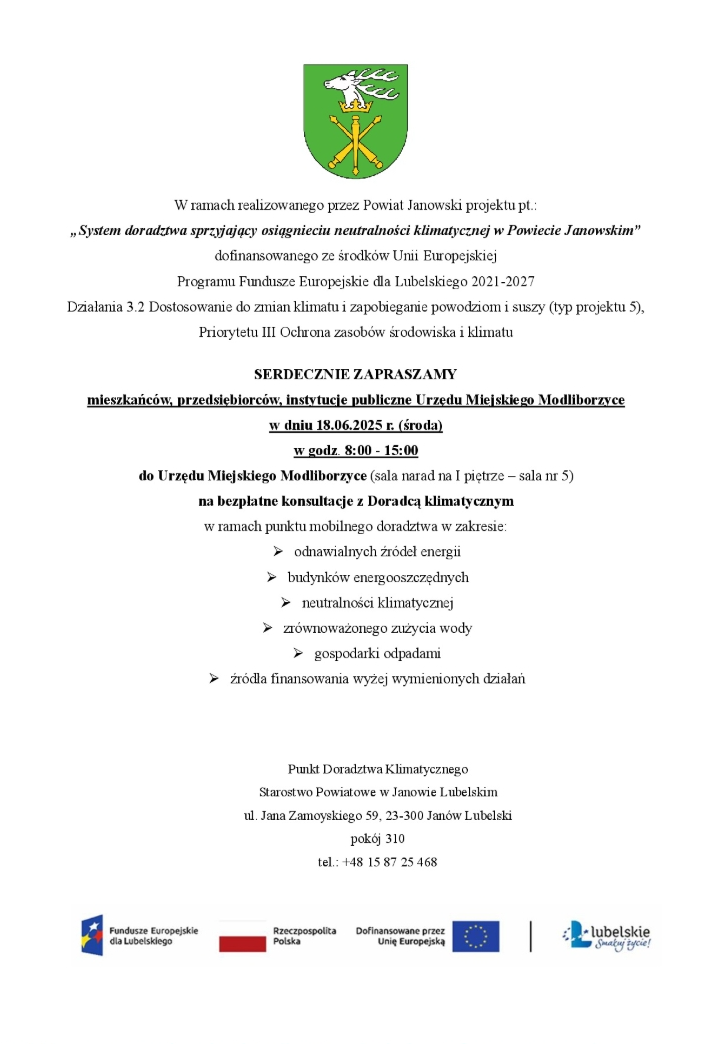 Zaproszenie mieszkańców, przedsiębiorców, instytucje publiczne Urzędu Miejskiego Modliborzyce na bezpłatne konsultacje z Doradcą klimatycznym w zakresie neutralności klimatycznej w sali narad w dniu 18 czerwiec w godz.8:00 – 15:00