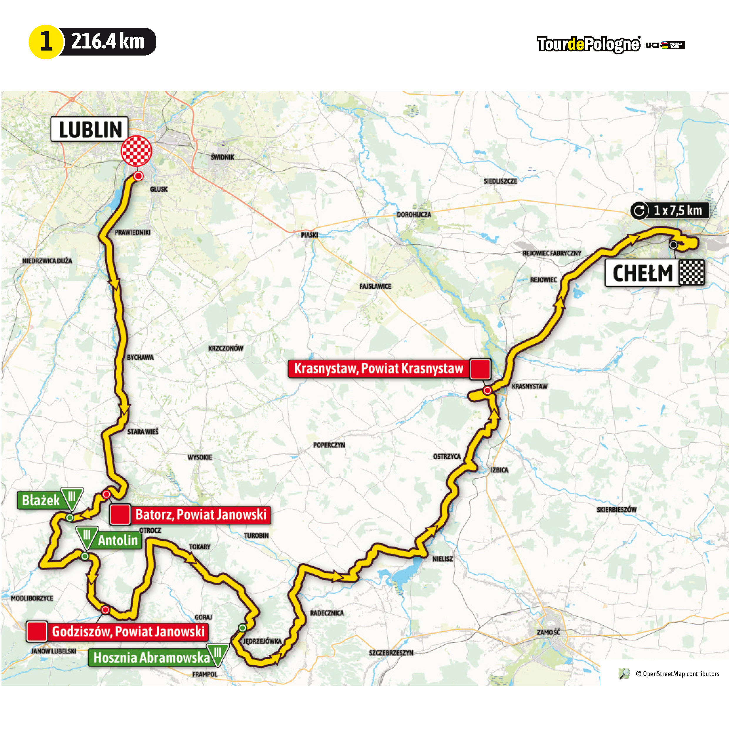 Mapa trasy I etapu tegorocznego Tour de Pologne przebiegającego przez