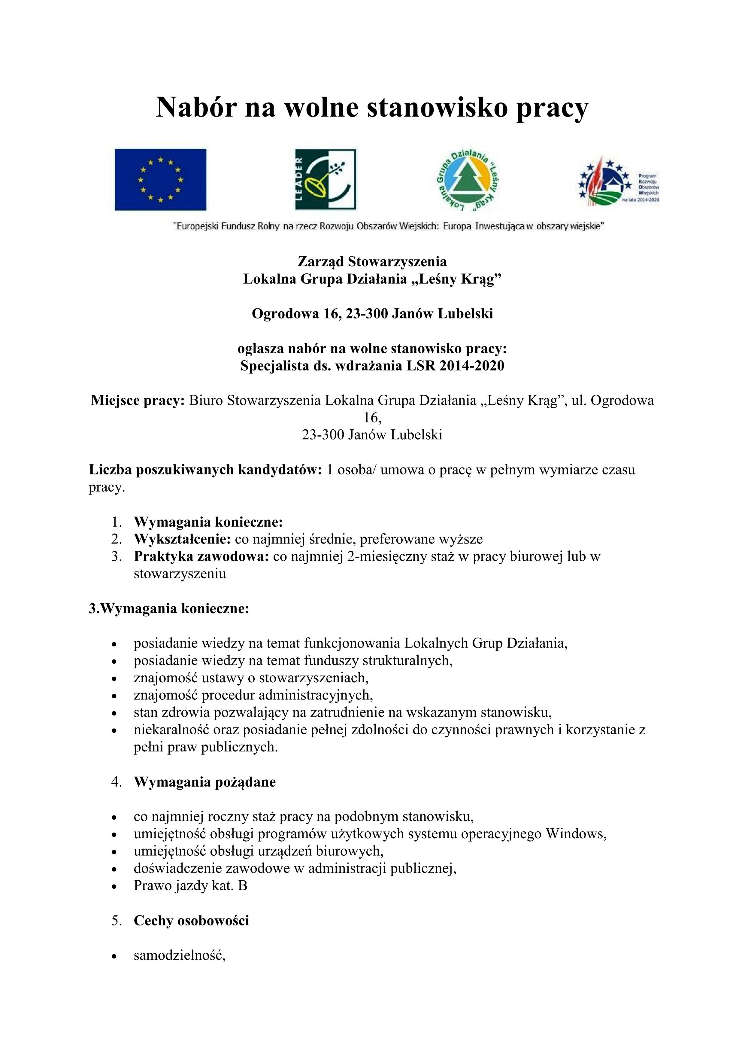 Stowarzyszenie Lokalna Grupa Działania "Leśny Krąg" – nabór na wolne stanowisko pracy