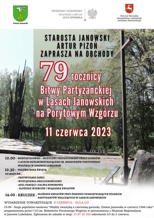Zaproszenie na obchody 79 rocznicy Bitwy Partyzanckiej w Lasach Janowskich na Porytowym Wzgórzu – 11 czerwca 2023