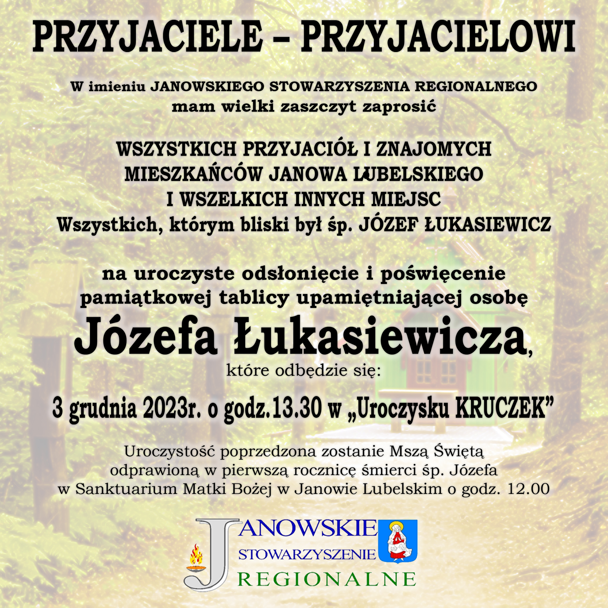 Zaproszenie na uroczyste odsłonięcie i poświęcenie pamiątkowej tablicy upamiętniającej osobę Józefa Łukasiewicza