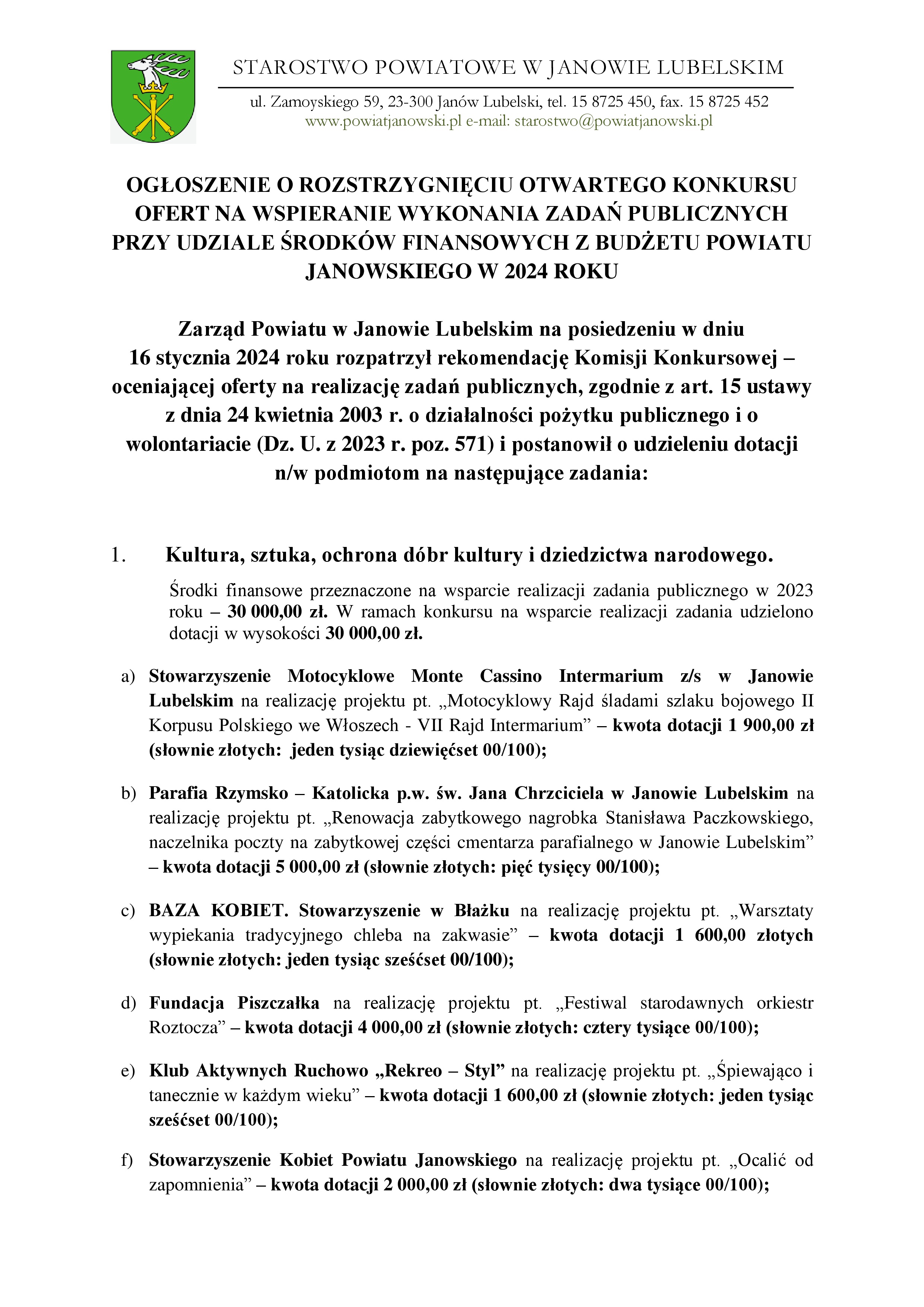 Rozstrzygnięcie otwartego konkursu ofert 2024