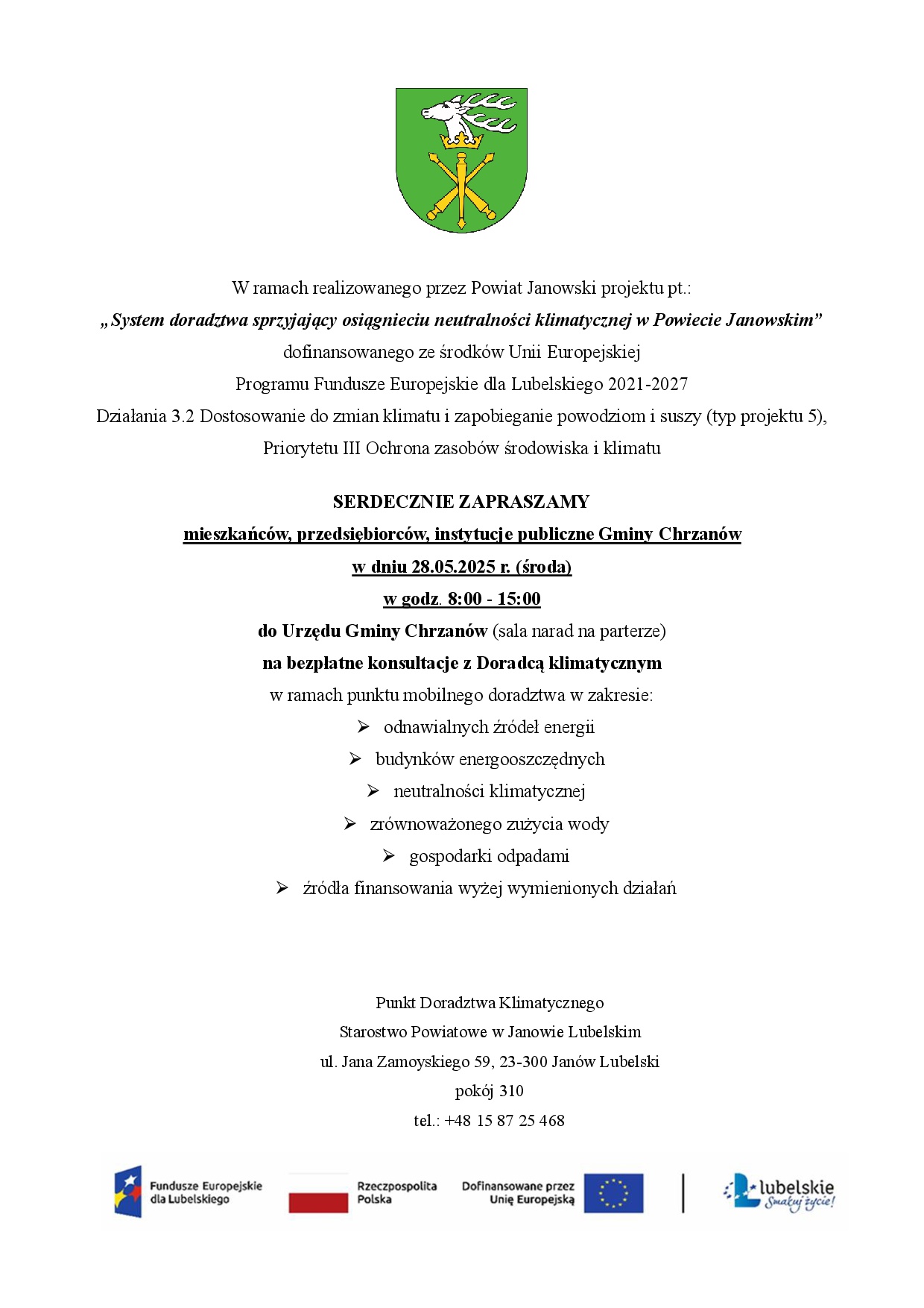 Zaproszenie mieszkańców, przedsiębiorców, instytucje publiczne Gminy Chrzanów na bezpłatne konsultacje z Doradcą klimatycznym w zakresie neutralności klimatycznej w sali narad Urzędu Gminy Chrzanów w dniu 28 maj 2025 r. w godz.8:00 – 15:00