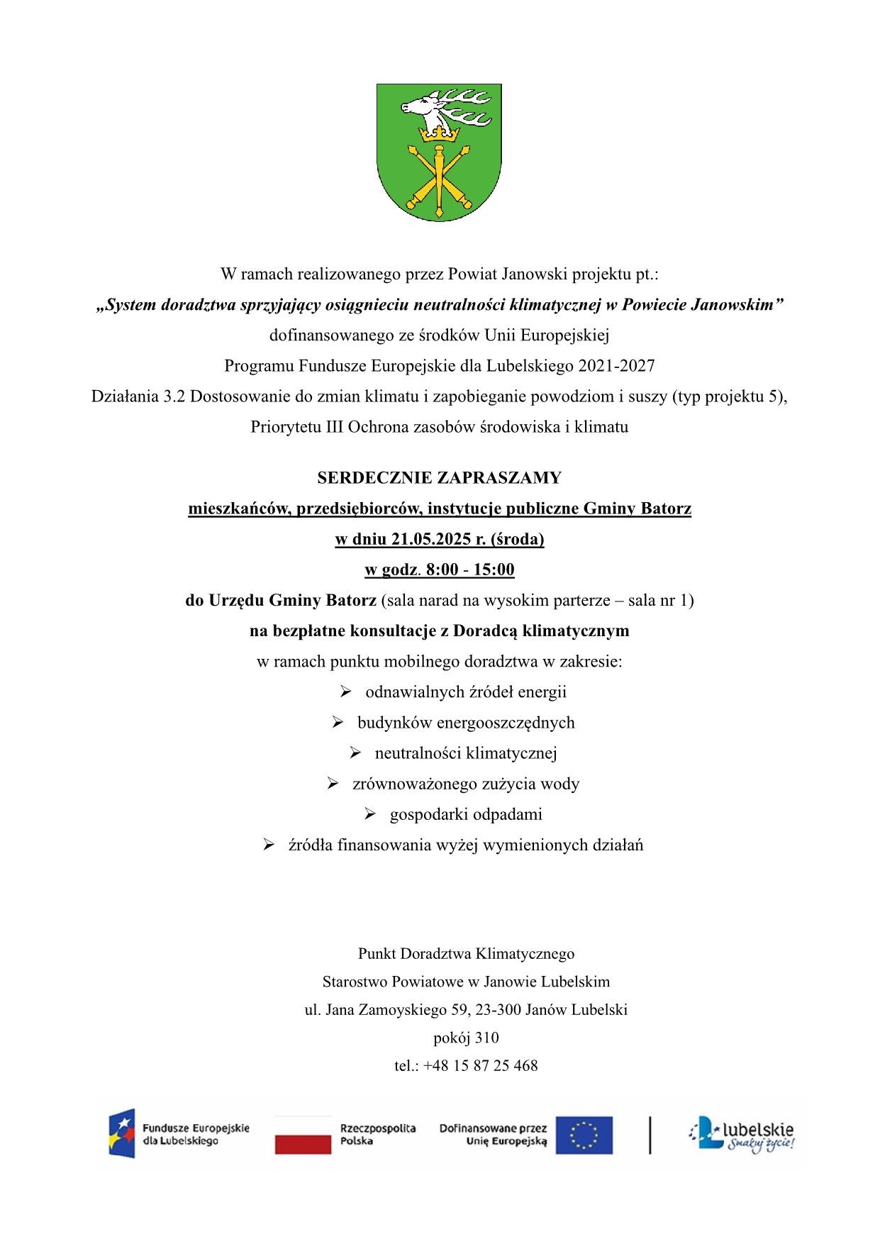 Zaproszenie mieszkańców, przedsiębiorców, instytucje publiczne Gminy Batorz na bezpłatne konsultacje z Doradcą klimatycznym w zakresie neutralności klimatycznej w sali narad Urzędu Gminy Batorz w dniu 21 maj 2025 r. w godz.8:00 – 15:00