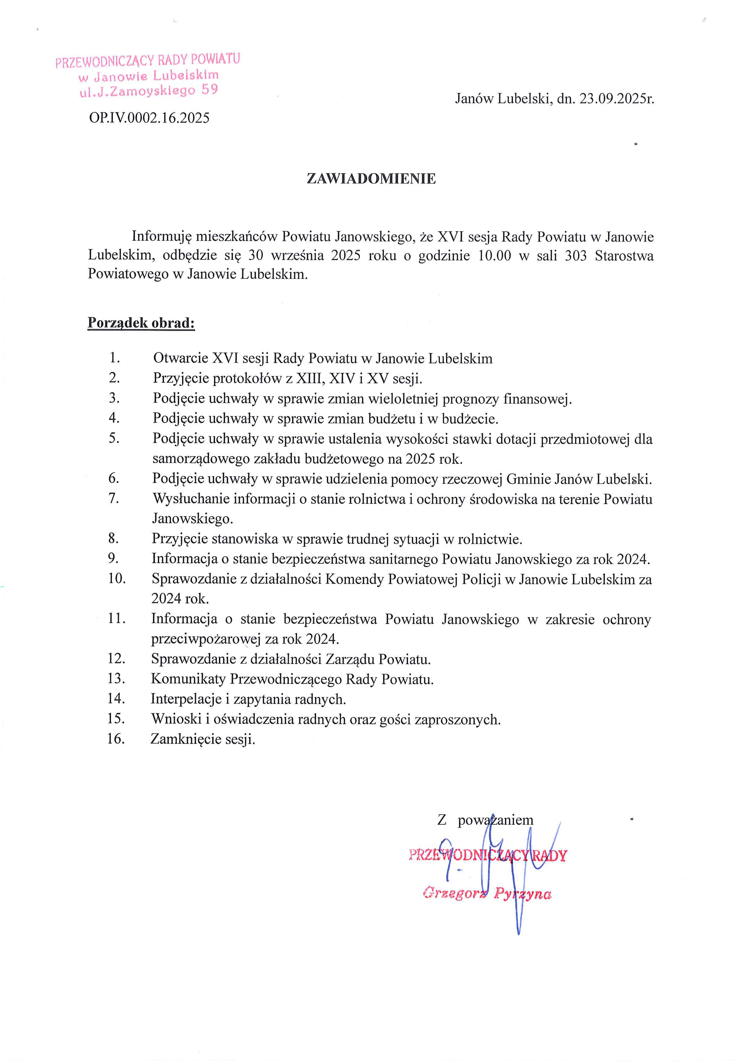 Zawiadomienie zbliżającej się Sesji Rady Powiatu Janowskiego