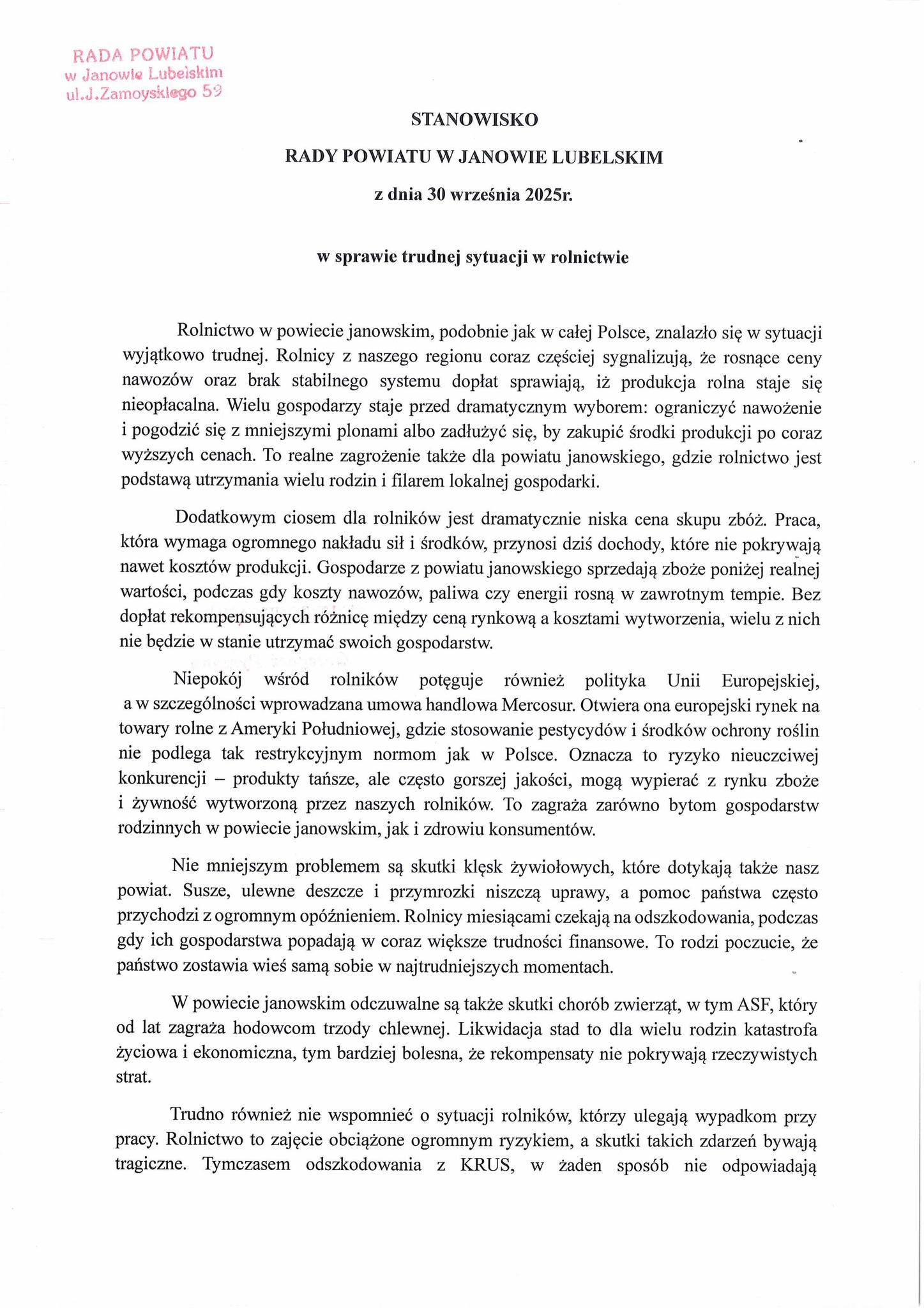 Stanowisko Rady Powiatu w Janowie Lubelskim dotyczący trudnej sytuacji w rolnictwie