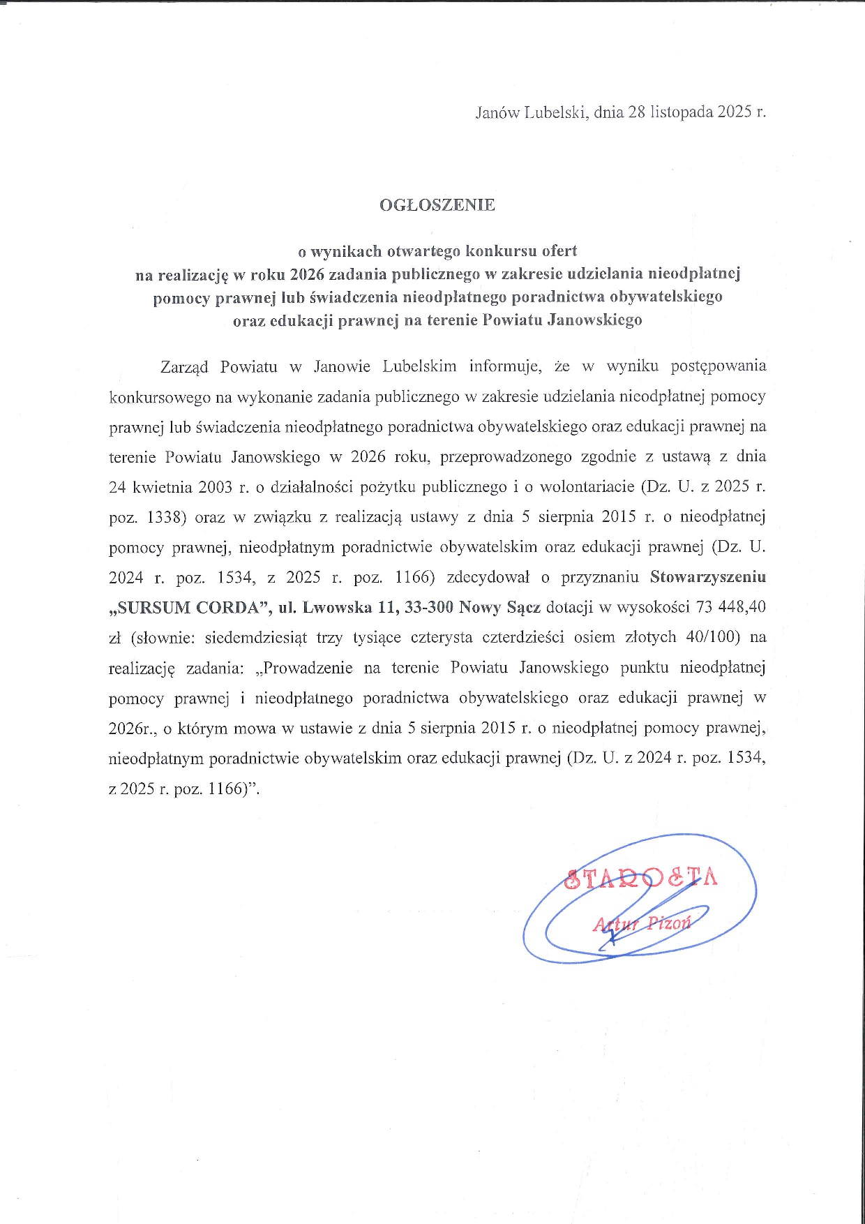 Ogłoszenie o wynikach otwartego konkursu ofert