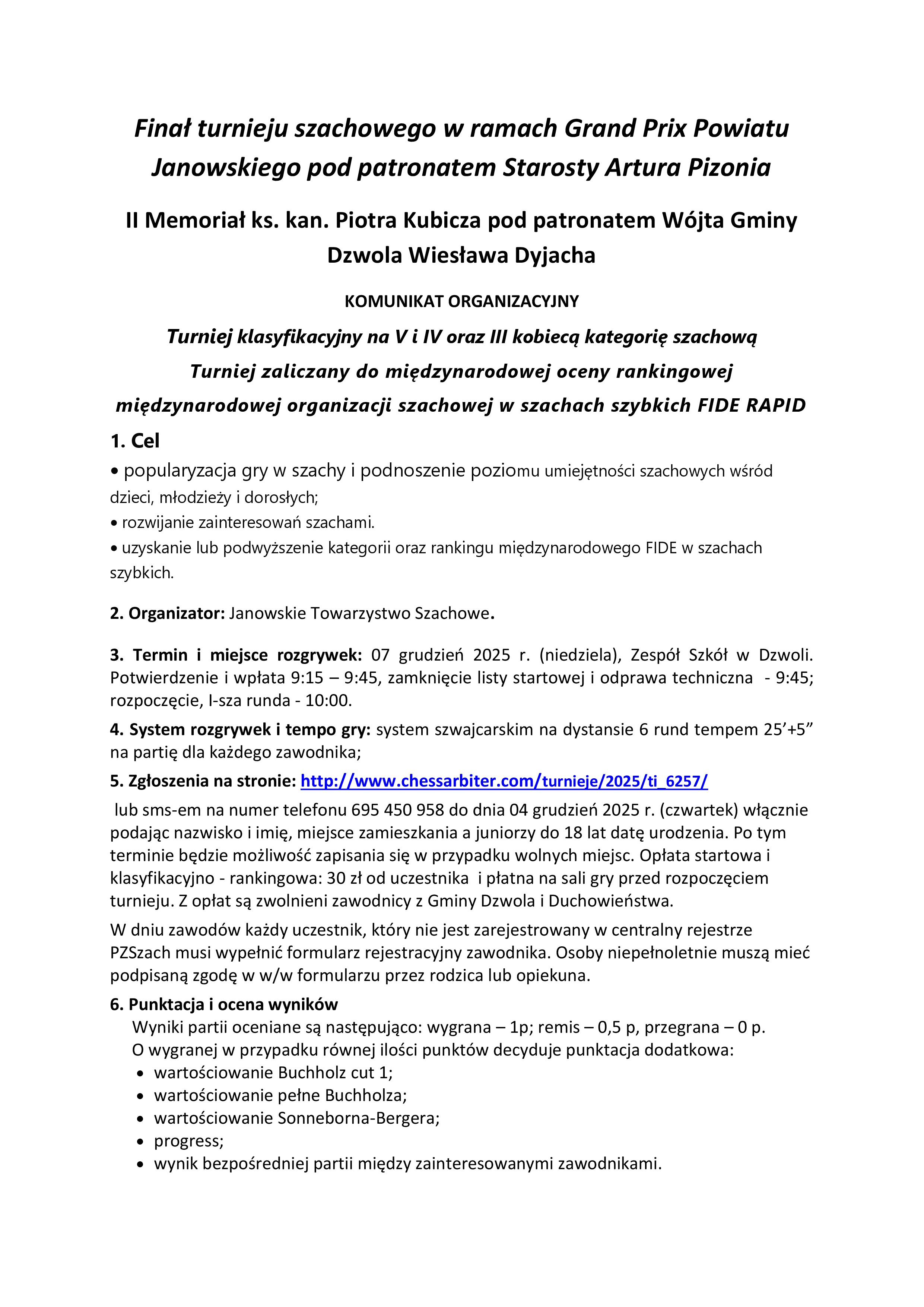 Finał turnieju szachowego w ramach Grand Prix Powiatu Janowskiego pod patronatem Starosty Artura Pizonia