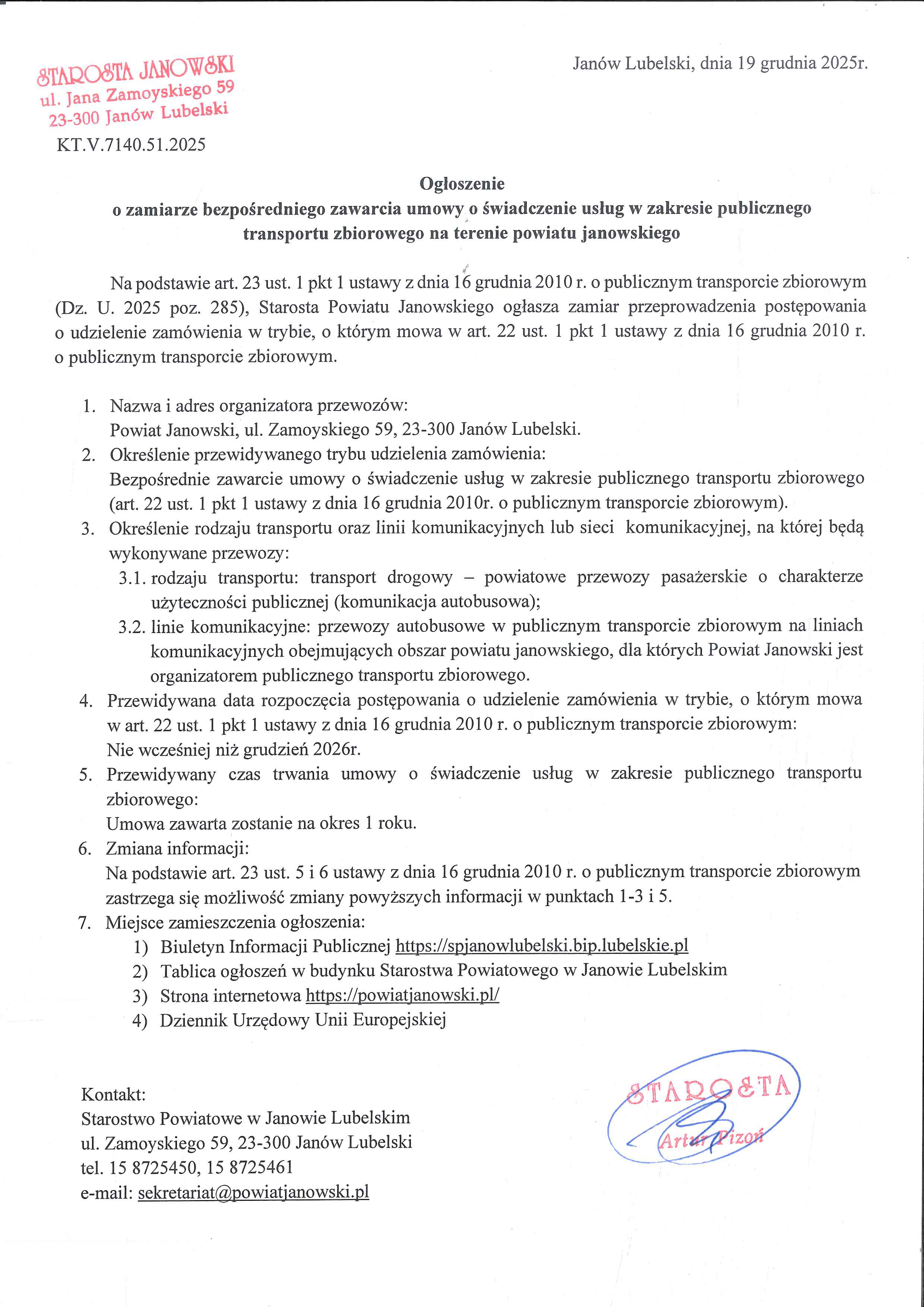 Ogłoszenie o zamiarze bezpośredniego zawarcia umowy o świadczenie usług w zakresie publicznego transportu zbiorowego na terenie powiatu janowskiego.