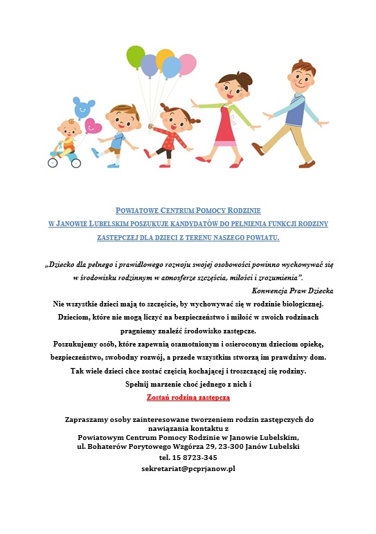 Powiatowe Centrum Pomocy Rodzinie w Janowie Lubelskim poszukuje kandydatów do pełnienia funkcji rodziny zastępczej dla dzieci z terenu naszego powiatu