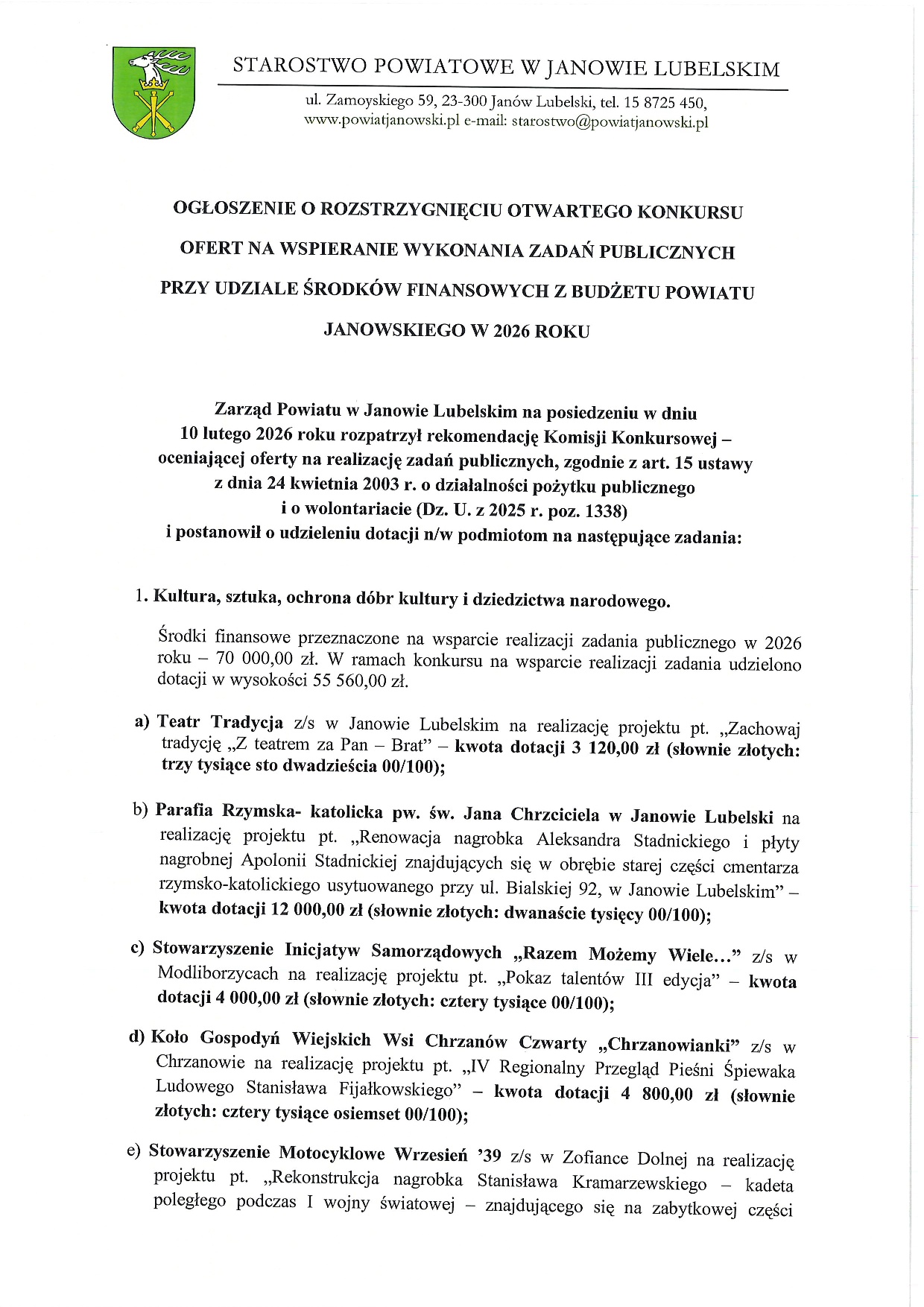 Rozstrzygnięcie otwartego konkursu ofert 2026