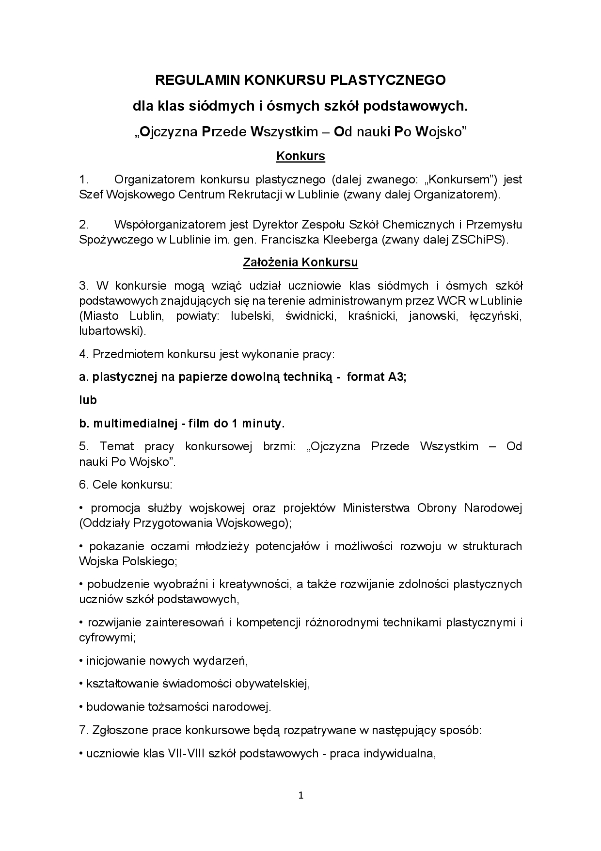 Konkurs plastyczny dla klas VII-VIII „Ojczyzna Przede Wszystkim – Od nauki Po Wojsko”