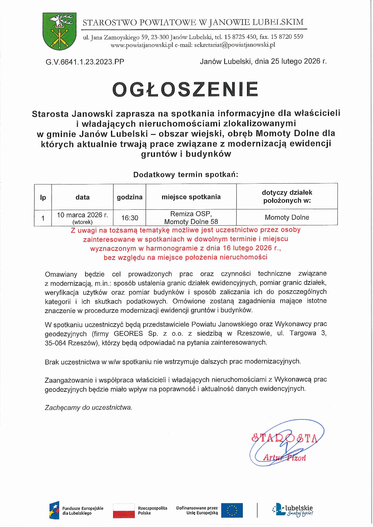 Dodatkowe spotkanie z mieszkańcami Momot Dolnych dotyczące modernizacji ewidencji gruntów i budynków