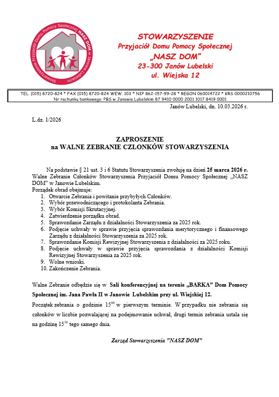 Walne zebranie członków „Naszego Domu”, 25 marca 2026 r.