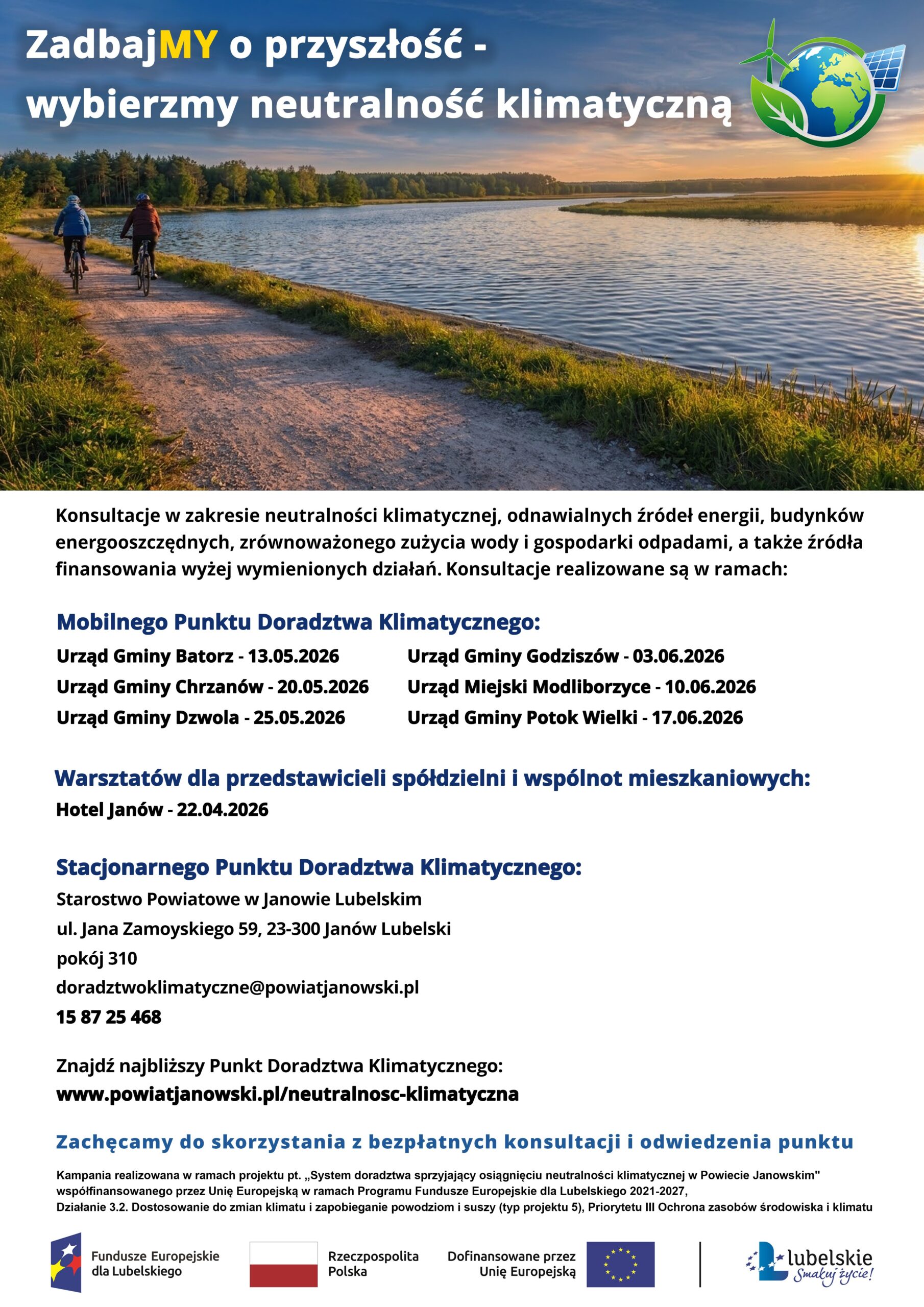 Harmonogram dyżurów Doradcy klimatycznego w punktach mobilnych w poszczególnych gminach Powiatu Janowskiego w ramach projektu pt.”System doradztwa sprzyjający osiągnięciu neutralności klimatycznej w Powiecie Janowskim”