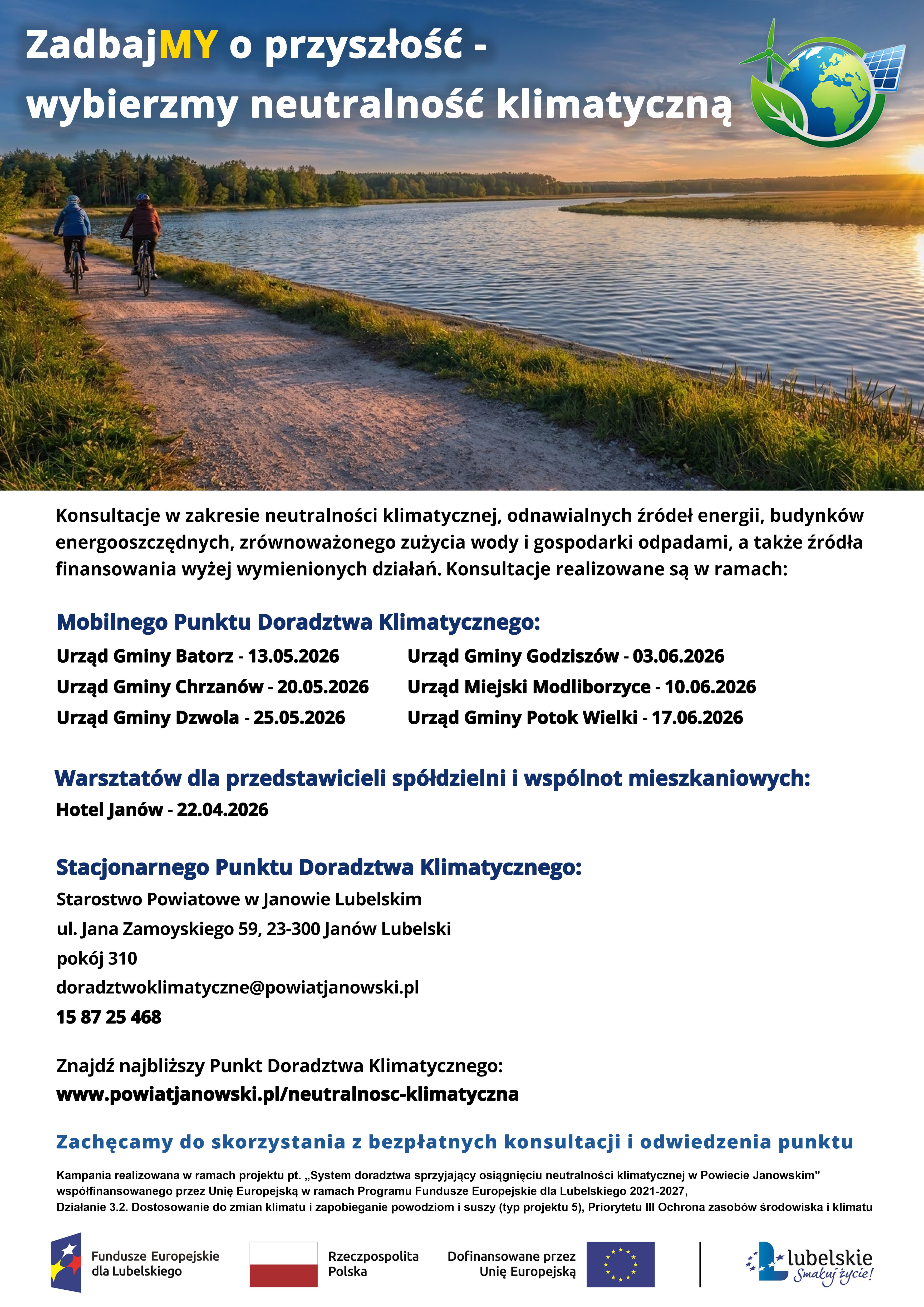 Harmonogram dyżurów Doradcy klimatycznego w punktach mobilnych w poszczególnych gminach Powiatu Janowskiego w ramach projektu pt.”System doradztwa sprzyjający osiągnięciu neutralności klimatycznej w Powiecie Janowskim”