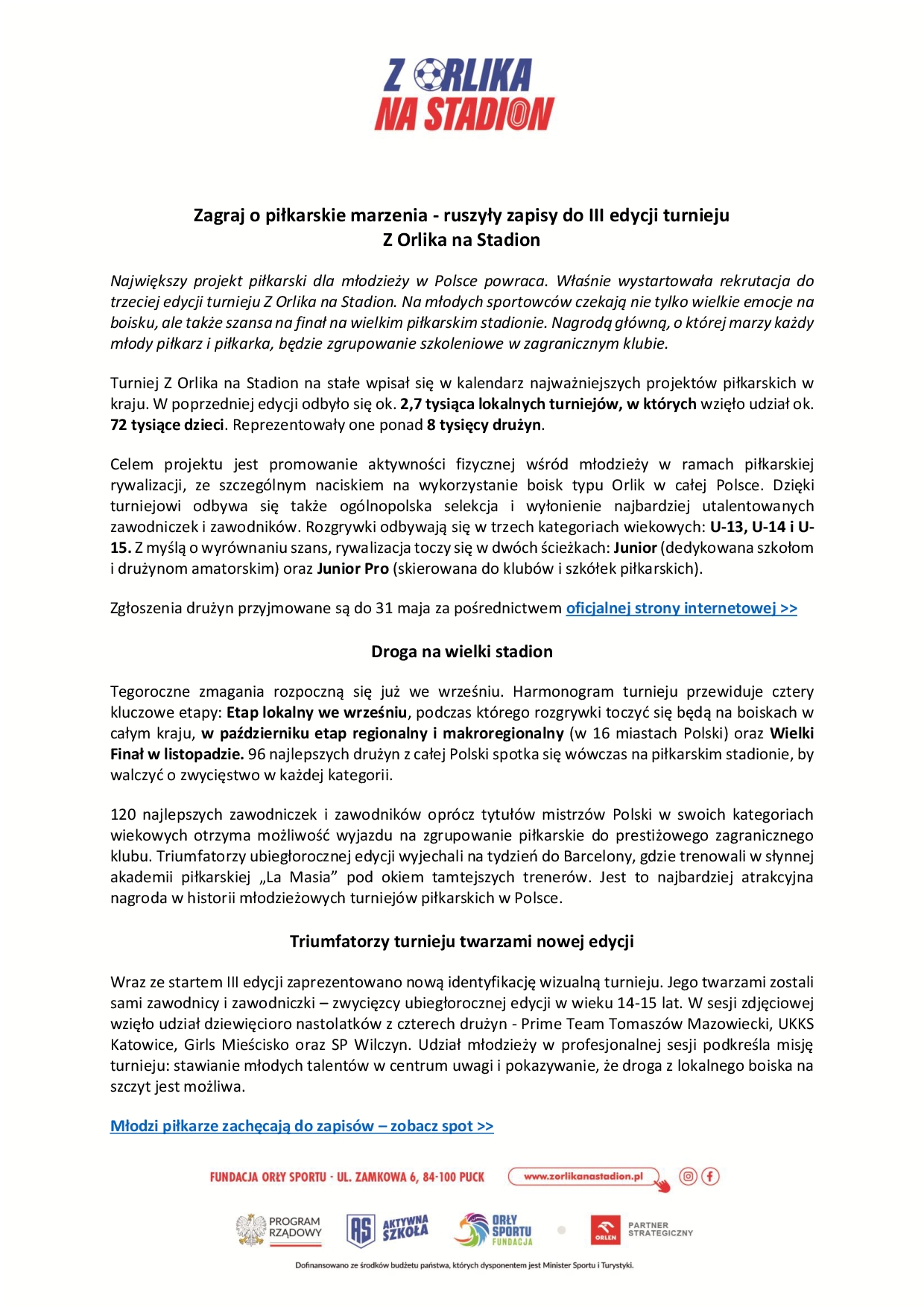 Z Orlika na Stadion – ruszyły zapisy do III edycji turnieju