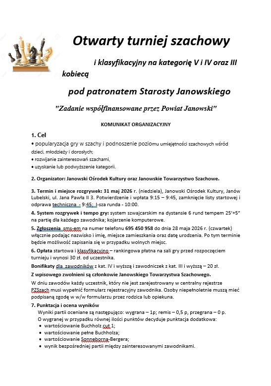 Otwarty turniej szachowy i klasyfikacyjny na kategorię V i IV oraz III kobiecą pod patronatem Starosty Janowskiego