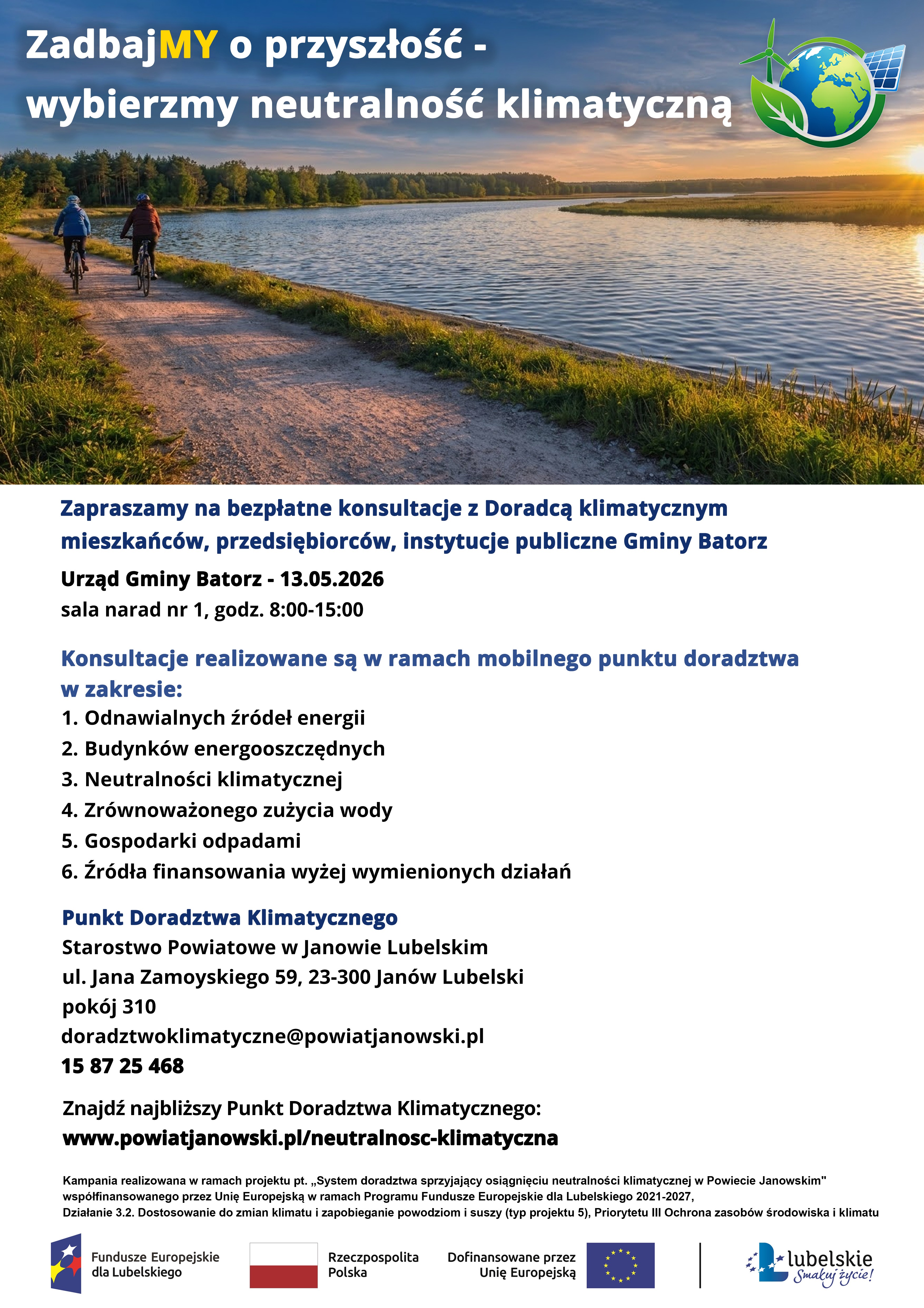 Zaproszenie dla mieszkańców, przedsiębiorców, instytucji publicznych Urzędu Gminy Batorz na bezpłatne konsultacje z Doradcą klimatycznym