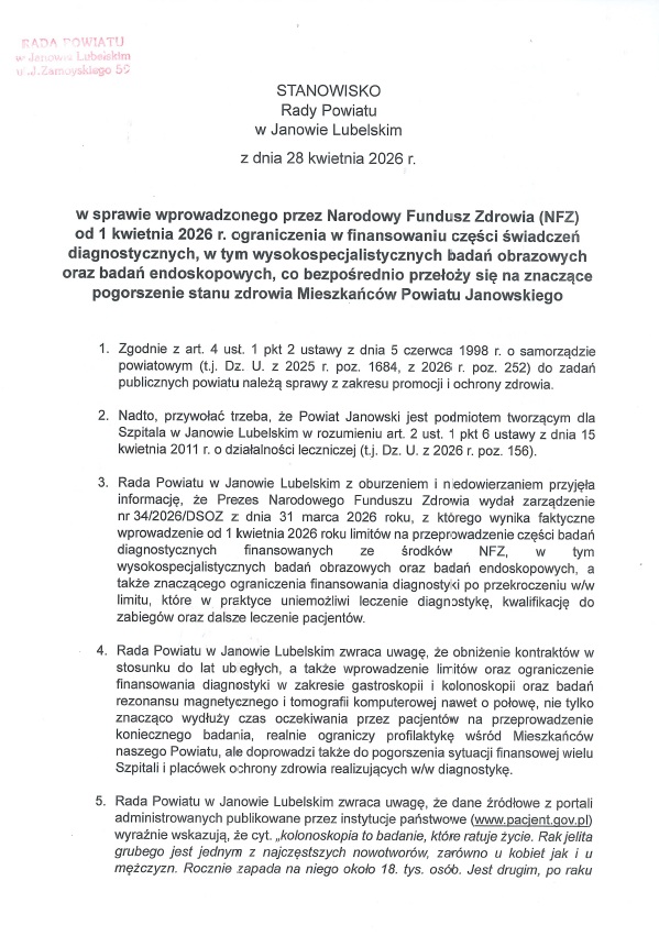 Stanowisko Rady Powiatu w Janowie Lubelskim z dnia 28 kwietnia 2026 r.