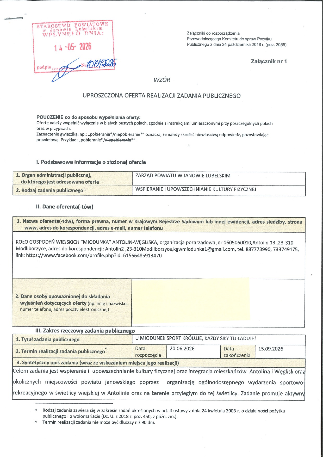 Oferta na realizację zadania publicznego złożona zgodnie z art. 19a ustawy z dnia 24 kwietnia 2003r. o działalności pożytku publicznego i o wolontariacie (Dz. U z 2025 r. poz. 1338)