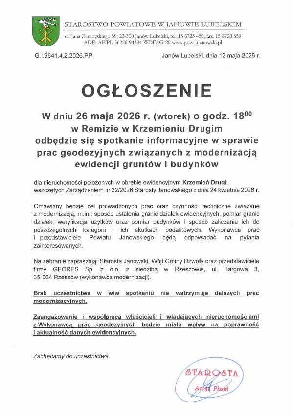 Spotkanie informacyjne w sprawie prac geodezyjnych związanych z modernizacją ewidencji gruntów i budynków