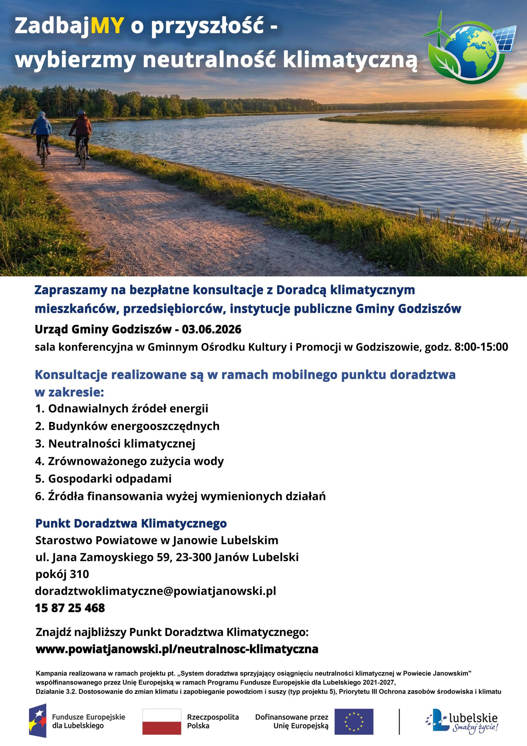 Zaproszenie dla mieszkańców, przedsiębiorców, instytucji publicznych Urzędu Gminy Godziszów na bezpłatne konsultacje z Doradcą klimatycznym w dniu 03.06.2026 r. w Urzędzie Gminy Godziszów