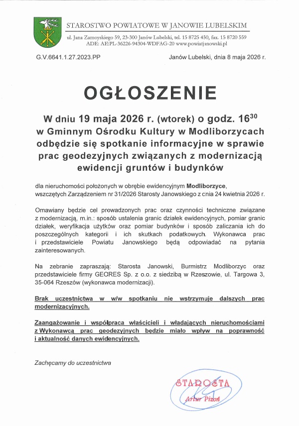 Spotkanie informacyjne w sprawie prac geodezyjnych związanych z modernizacją ewidencji gruntów i budynków (Modliborzyce)