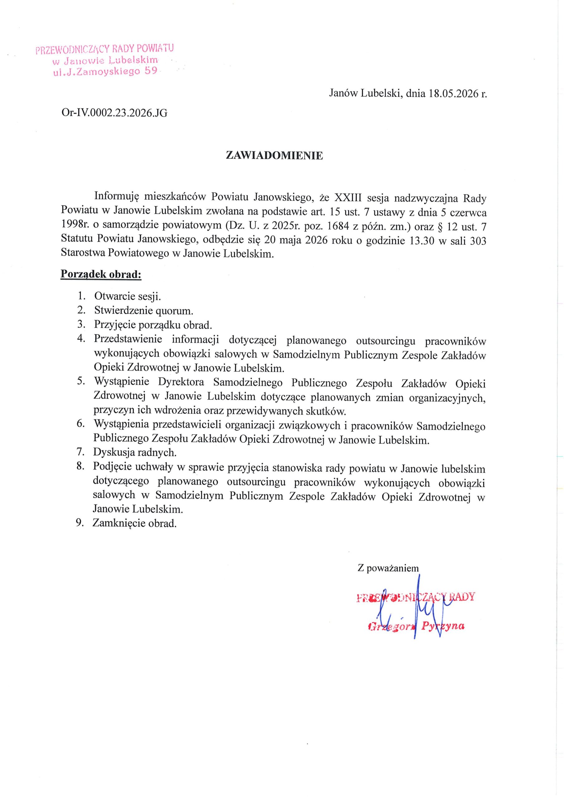 Zawiadomienie o zbliżającej się Sesji Rady Powiatu Janowskiego