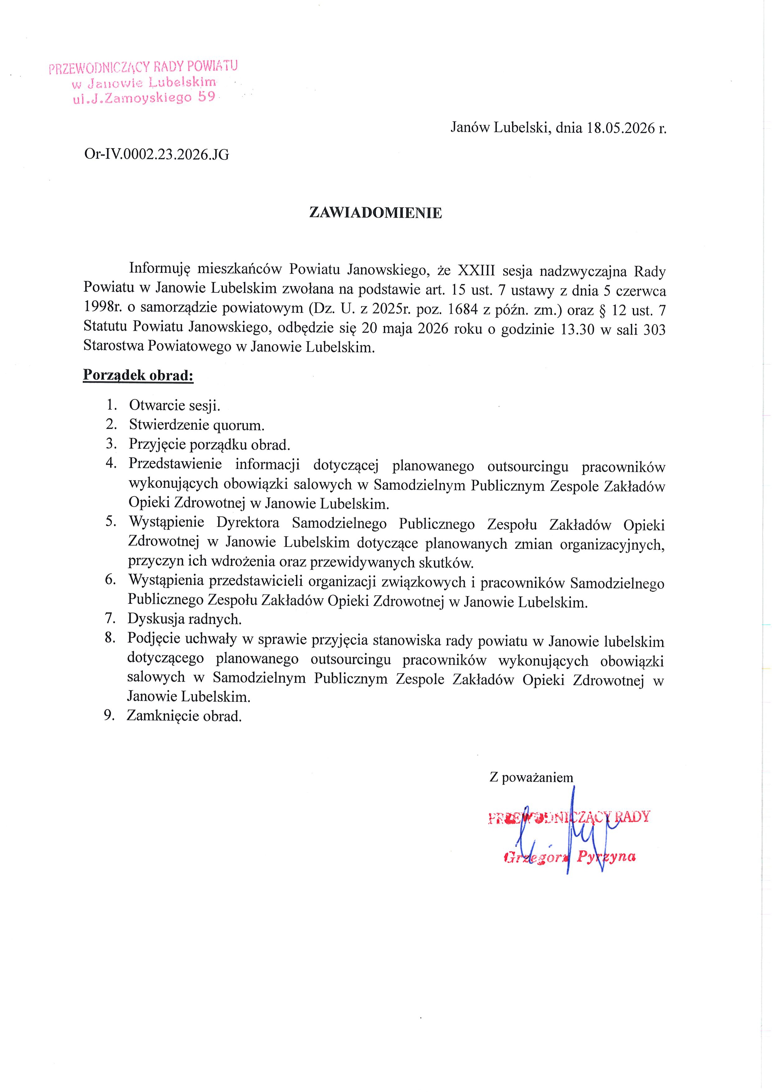 Zawiadomienie o zbliżającej się Sesji Rady Powiatu Janowskiego