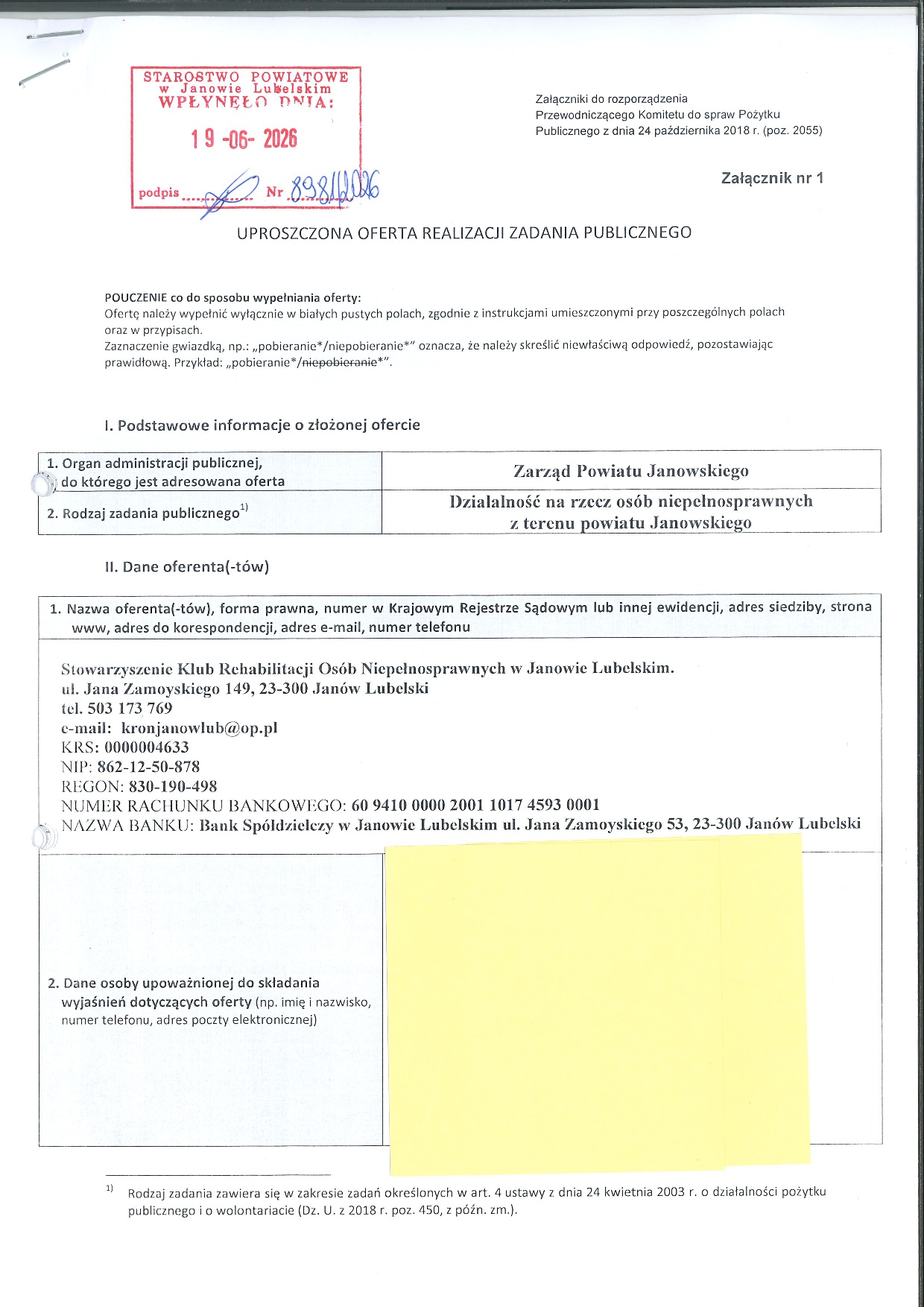 Oferta na realizację zadania publicznego złożona zgodnie z art. 19a ustawy z dnia 24 kwietnia 2003r. o działalności pożytku publicznego i o wolontariacie (Dz. U z 2025 r. poz. 1338)