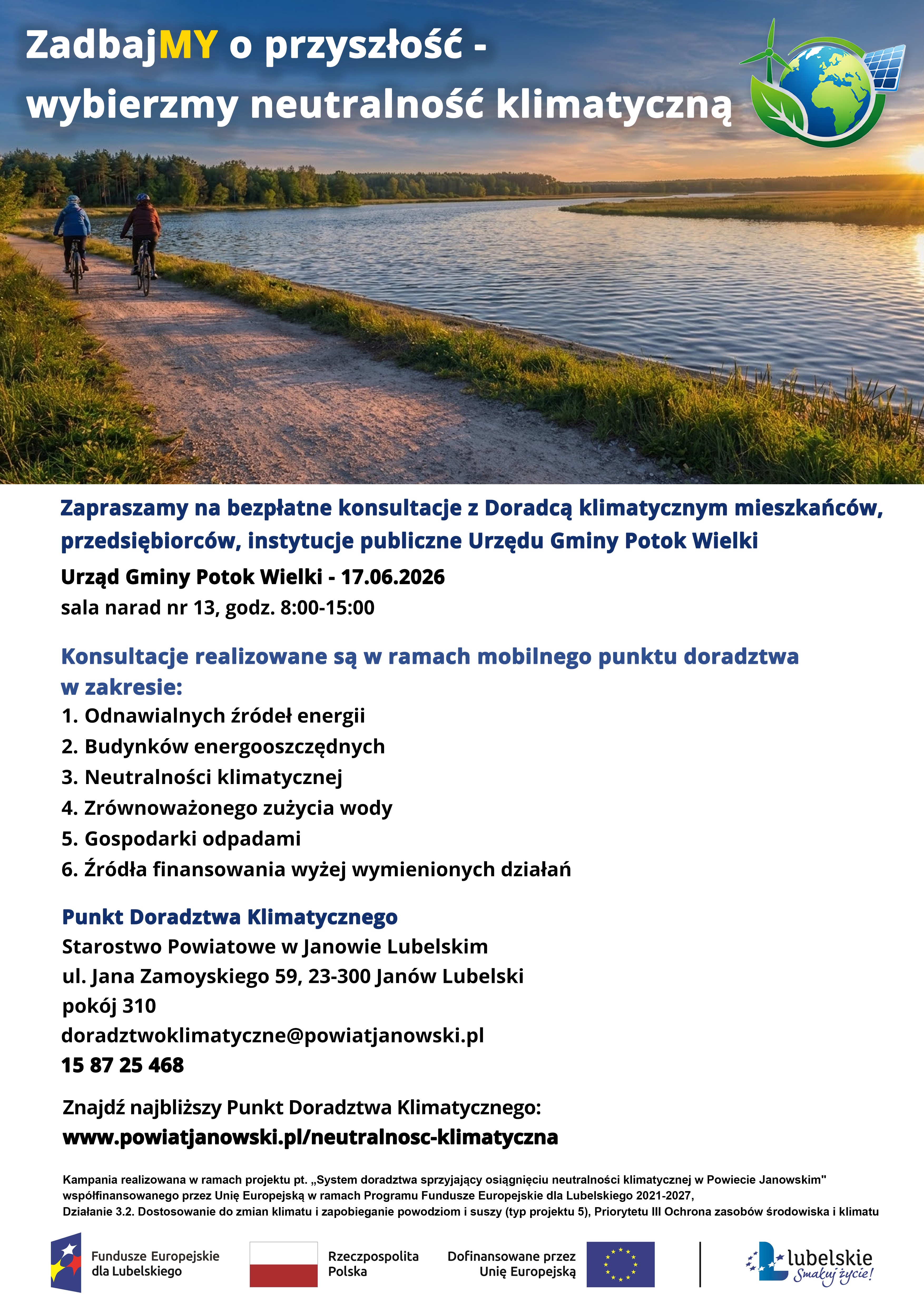 Zaproszenie dla mieszkańców, przedsiębiorców, instytucji publicznych Gminy Potok Wielki na bezpłatne konsultacje z Doradcą klimatycznym w dniu 17.06.2026 r. w Urzędzie Gminy Potok Wielki