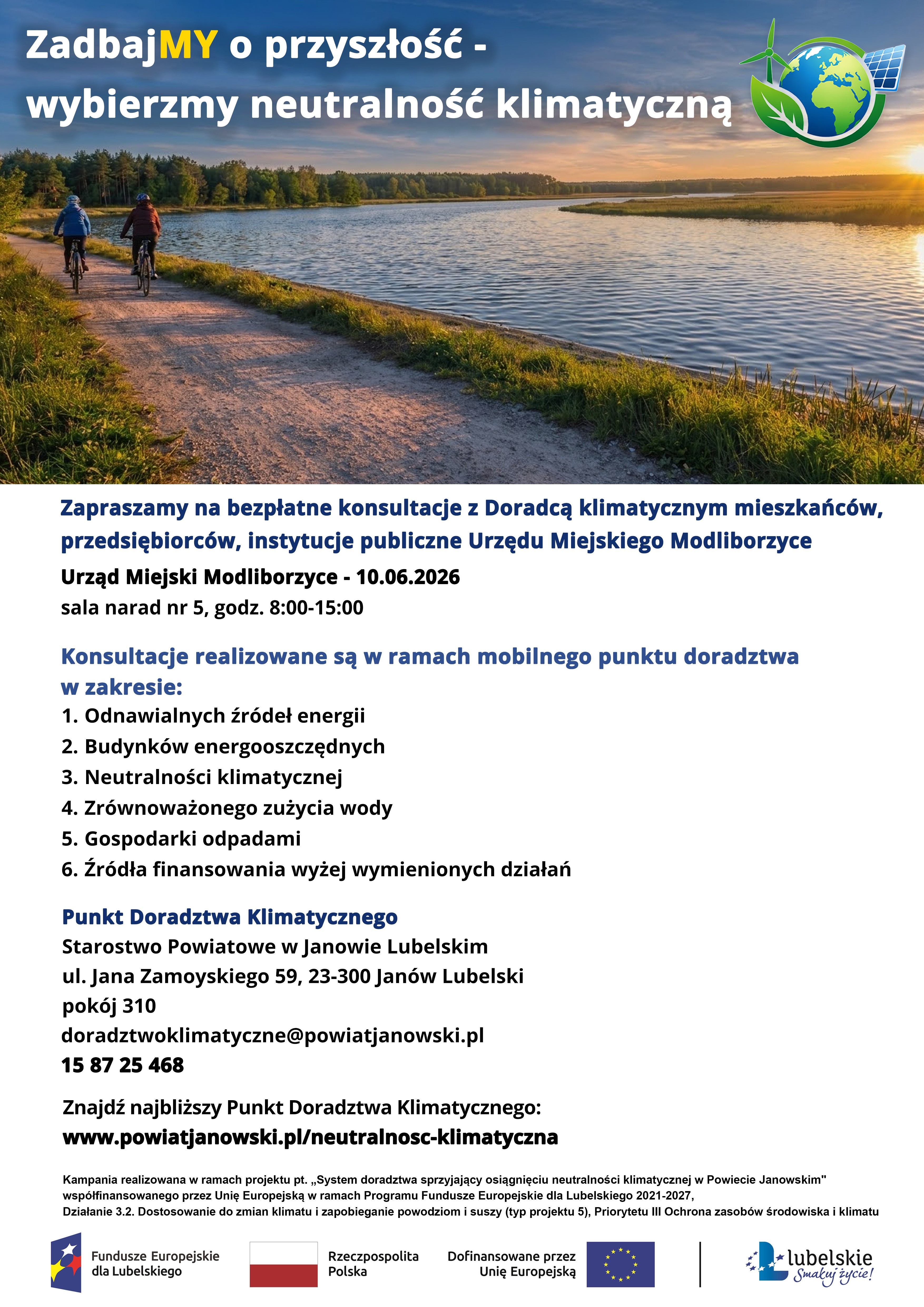 Zaproszenie dla mieszkańców, przedsiębiorców, instytucji publicznych Urzędu Miejskiego Modliborzyce na bezpłatne konsultacje z Doradcą klimatycznym w dniu 10.06.2026 r. w Urzędzie Miejskim w Modliborzycach