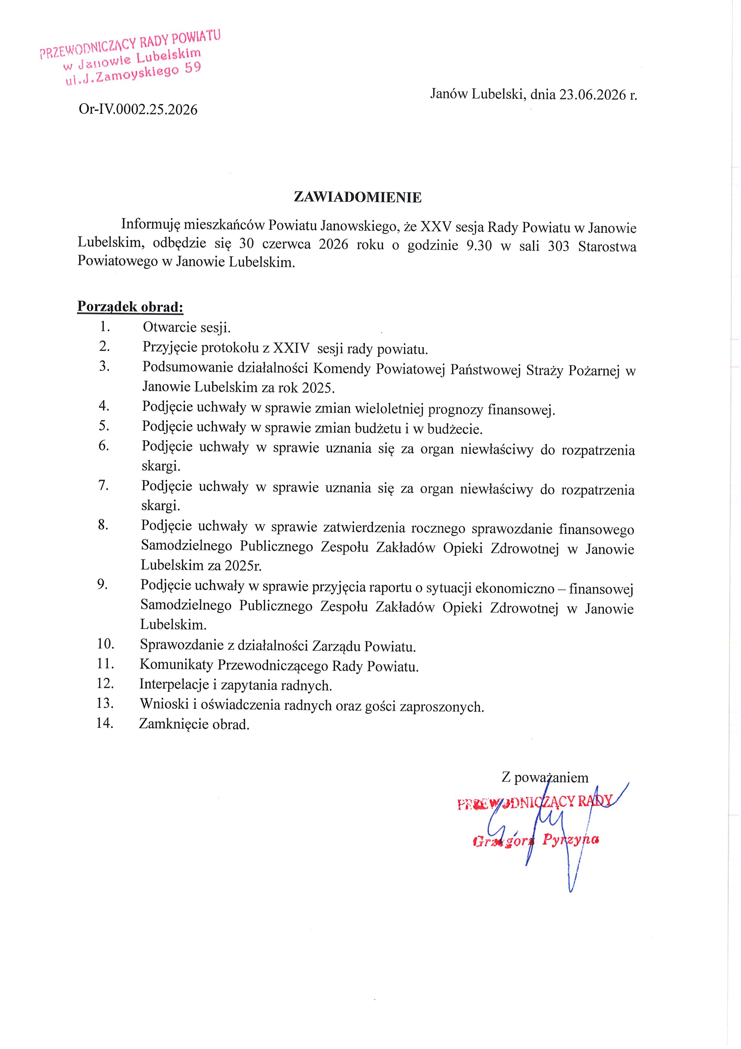 Zawiadomienie o zbliżającej się Sesji Rady Powiatu Janowskiego