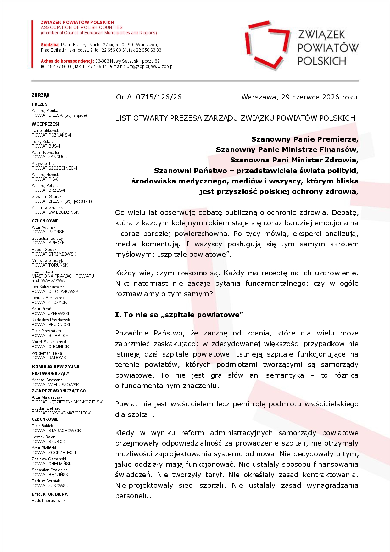 List otwarty Prezesa Zarządu Związku Powiatów Polskich w sprawie ochrony zdrowia