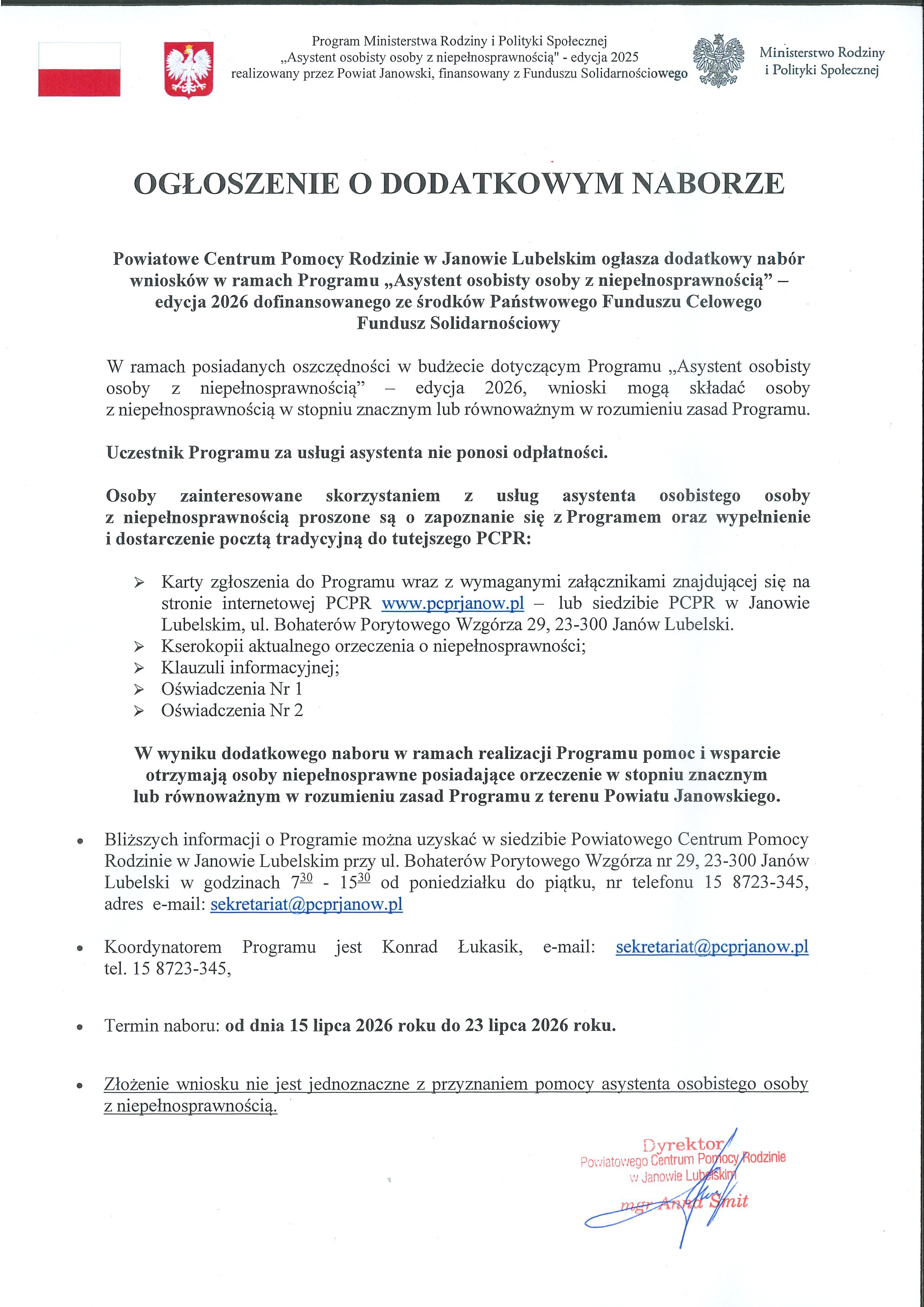 Ogłoszenie o dodatkowym naborze w ramach programu „Asystent osobisty osoby z niepełnosprawnością”