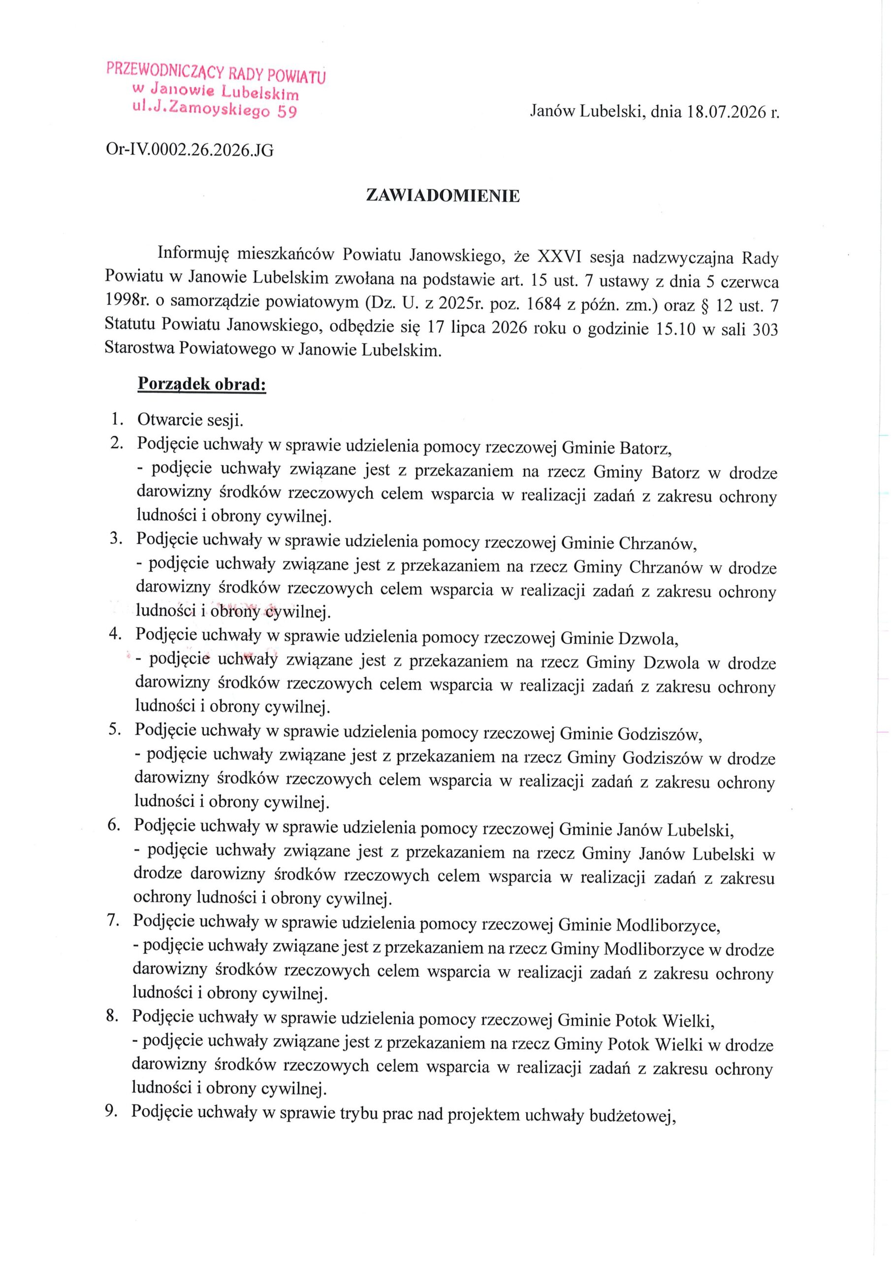 Zawiadomienie o zbliżającej się Sesji Rady Powiatu Janowskiego