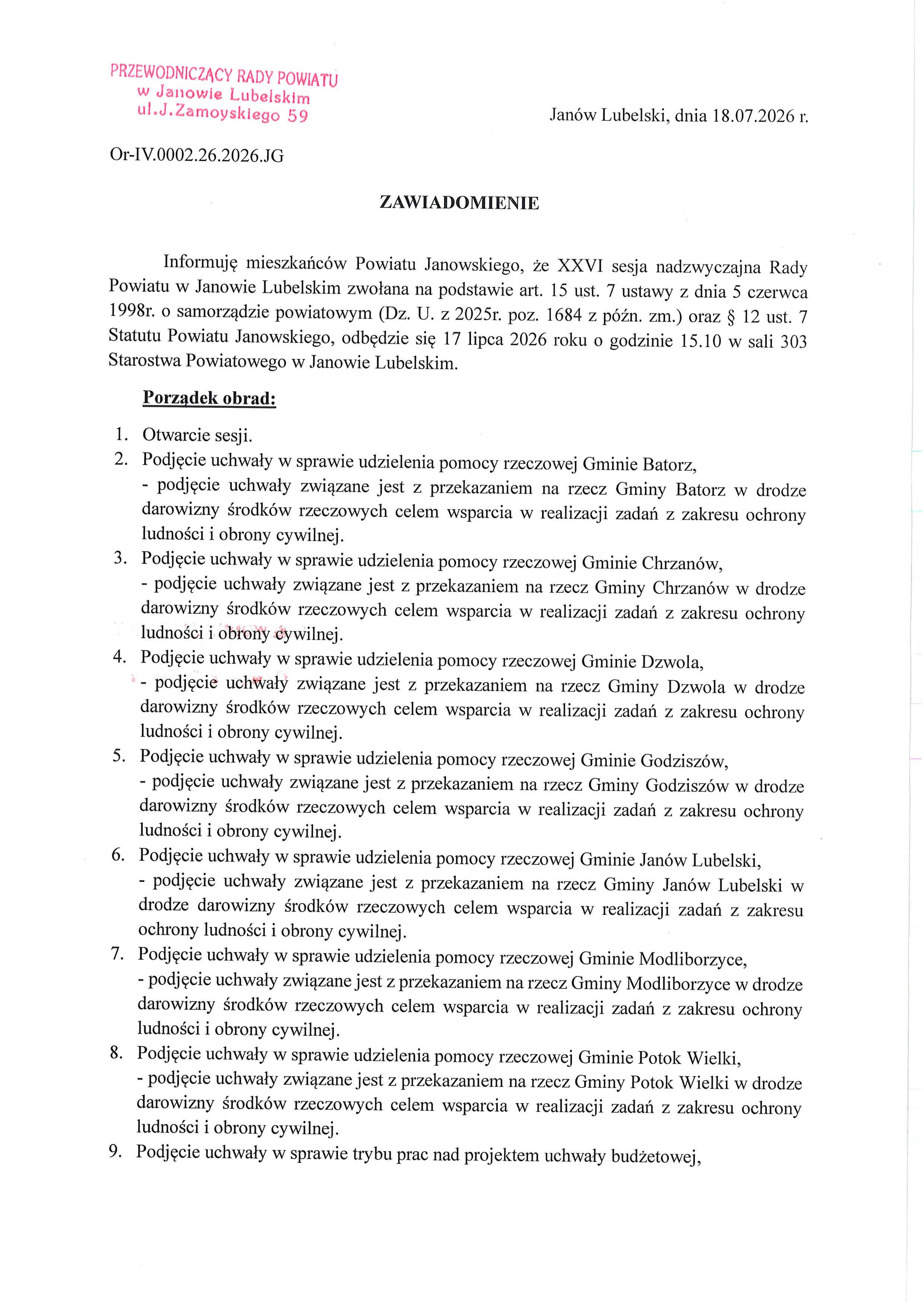 Zawiadomienie o zbliżającej się Sesji Rady Powiatu Janowskiego