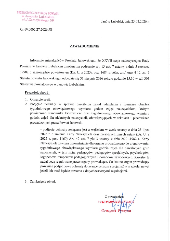 Zawiadomienie o zbliżającej się Sesji Rady Powiatu Janowskiego