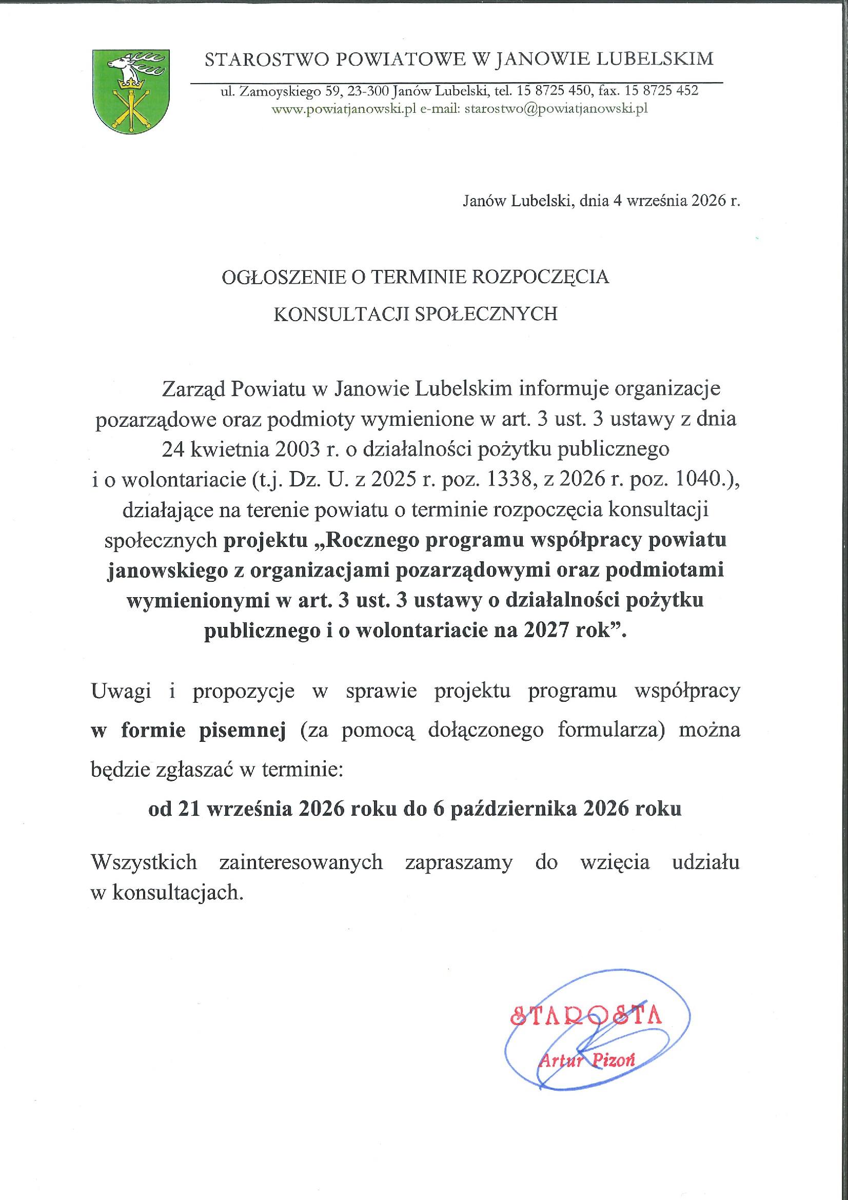 Ogłoszenie o terminie rozpoczęcia konsultacji społecznych