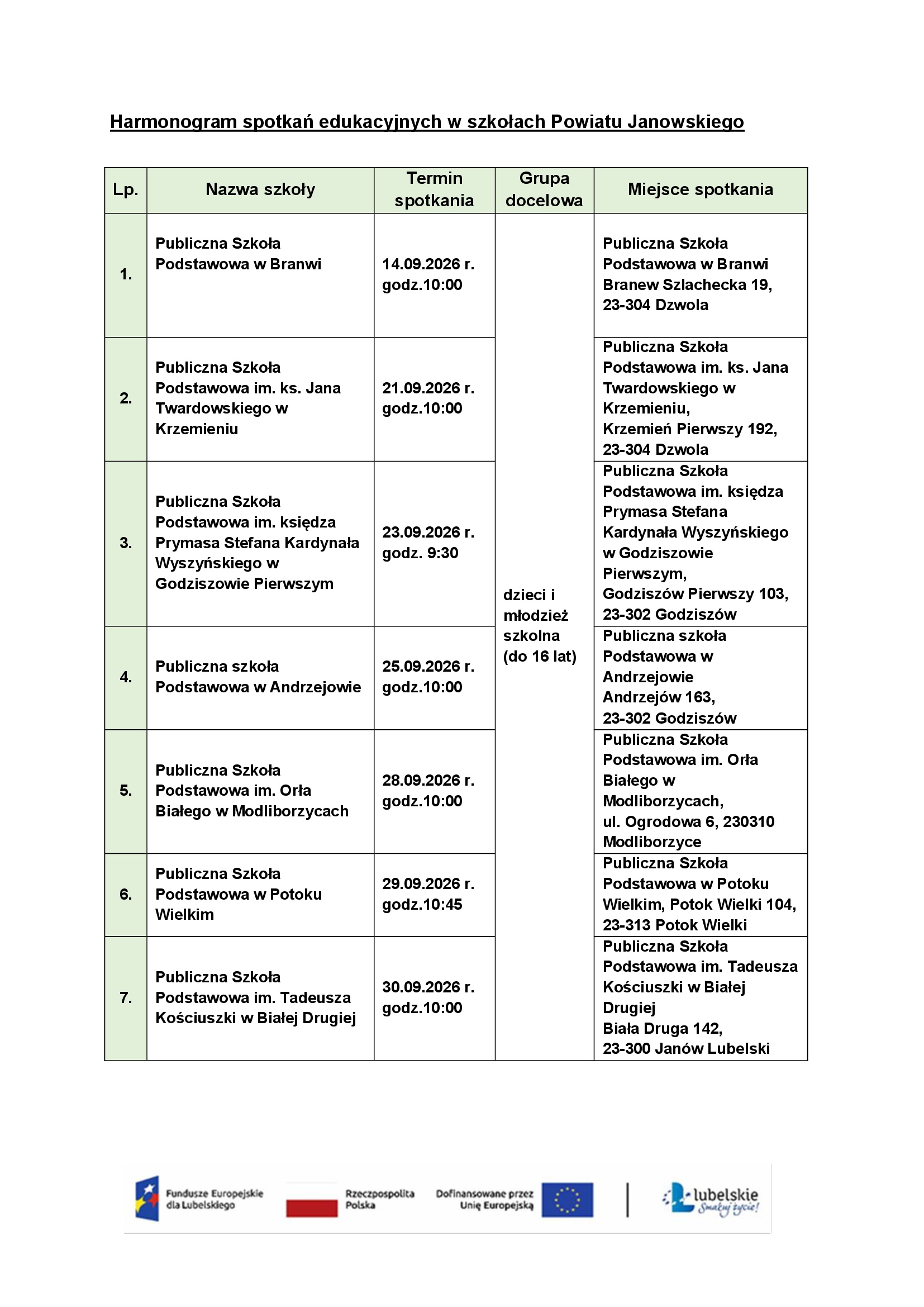 Harmonogram spotkań edukacyjnych w szkołach Powiatu Janowskiego dedykowanych dla dzieci i młodzieży szkolnej