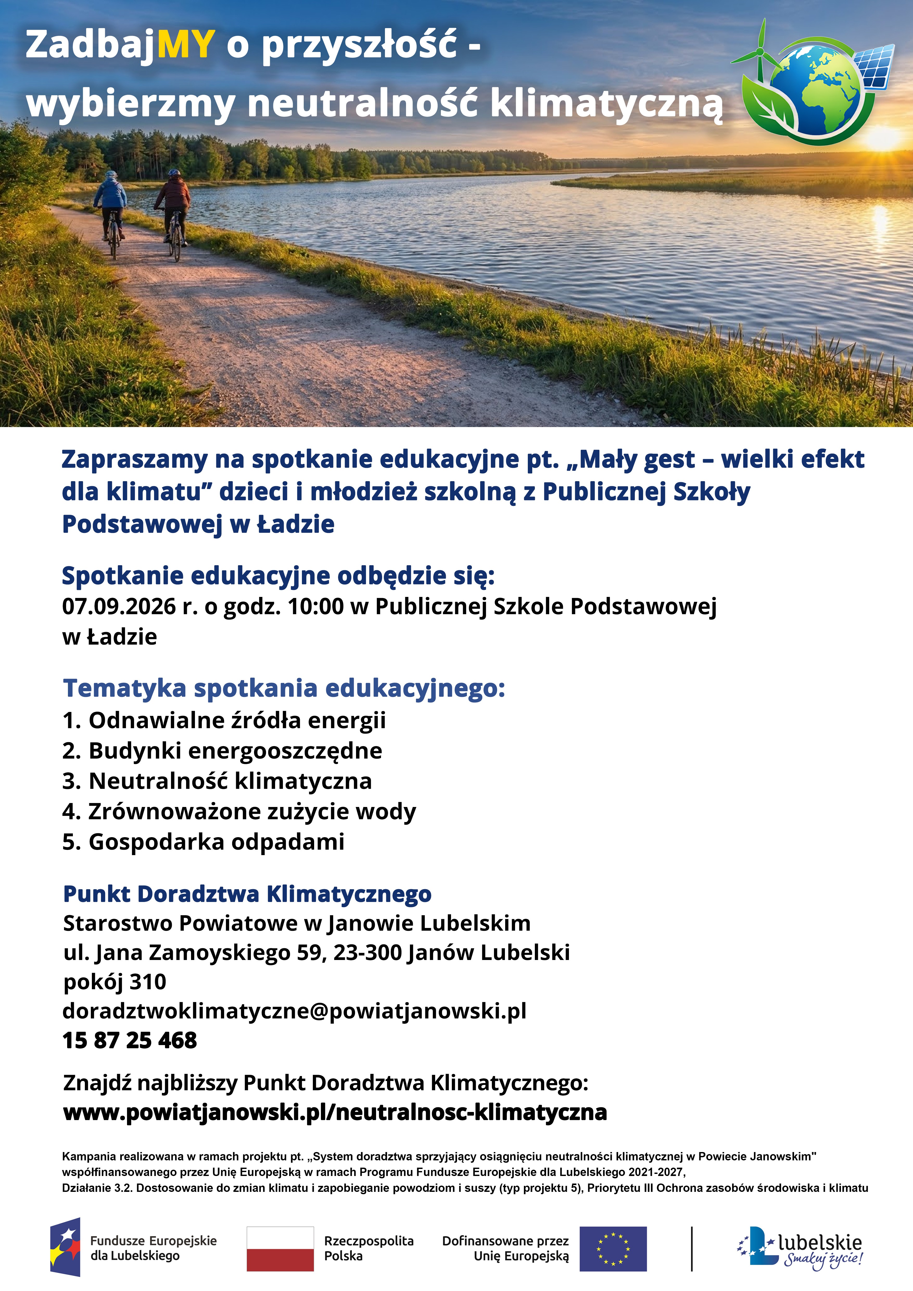 Zapraszamy na spotkanie edukacyjne „Mały gest – wielki efekt dla klimatu” dzieci i młodzież szkolną z Publicznej Szkoły Podstawowej w Ładzie w dniu 07.09.2026 r. o godz. 10:00.