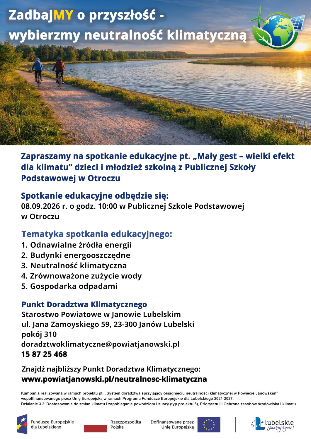 Zapraszamy na spotkanie edukacyjne „Mały gest – wielki efekt dla klimatu” dzieci i młodzież szkolną z Publicznej Szkoły Podstawowej w Otroczu w dniu 08.09.2026 r. o godz. 10:00