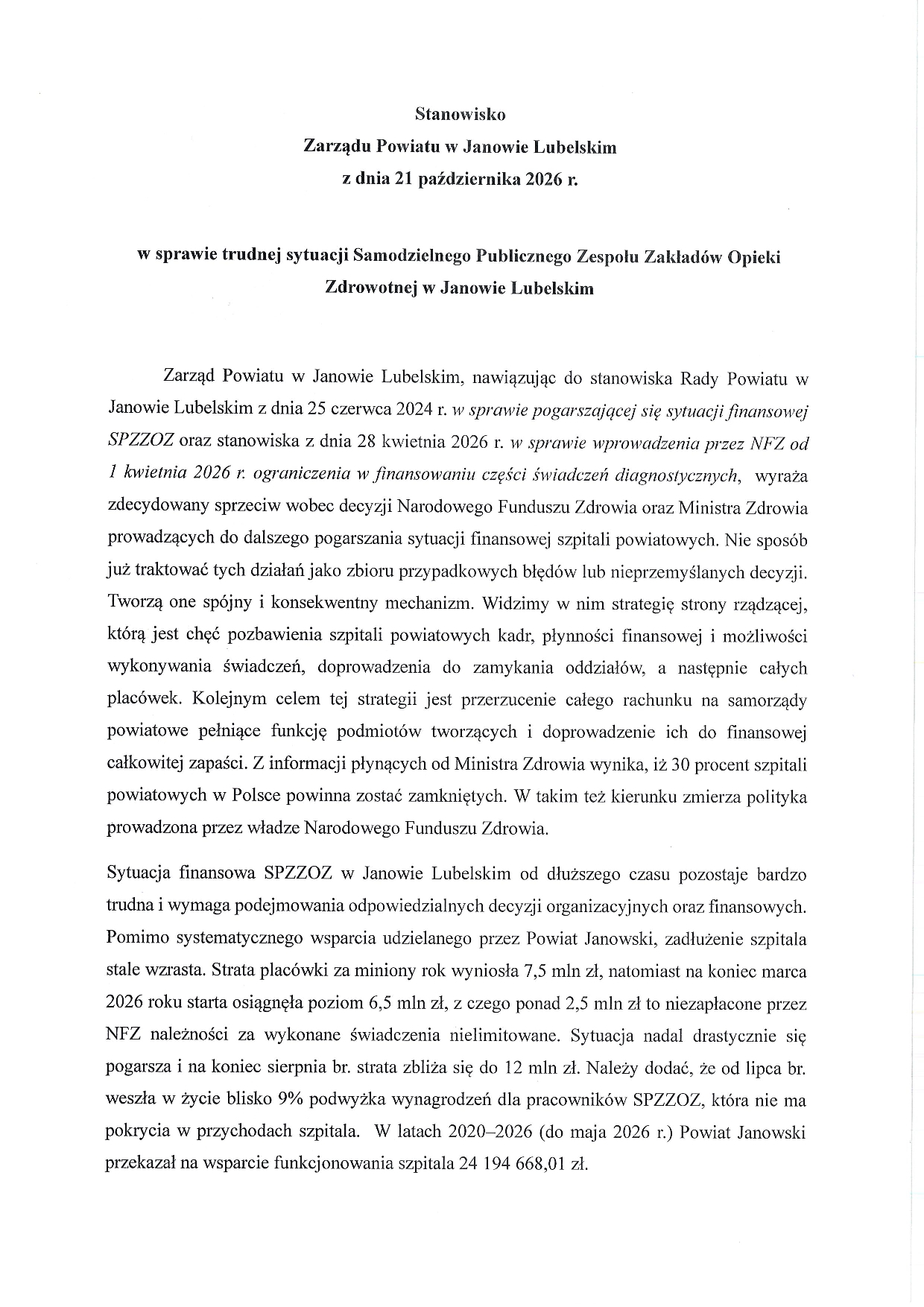 Stanowisko Zarządu Powiatu w Janowie Lubelskim z dnia 21 października 2026 r. w sprawie trudnej sytuacji SPZZOZ w Janowie Lubelskim